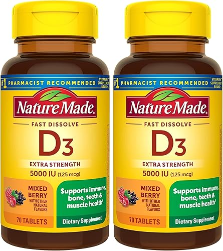 Nature Made Vitamin D3 5000 IU (125 mcg) Extra Strength, Vitamin D Supplement for Immune Support, 70 Sugar Free Fast Dissolve Tablets, 70 Day Supply, (Pack of 2)