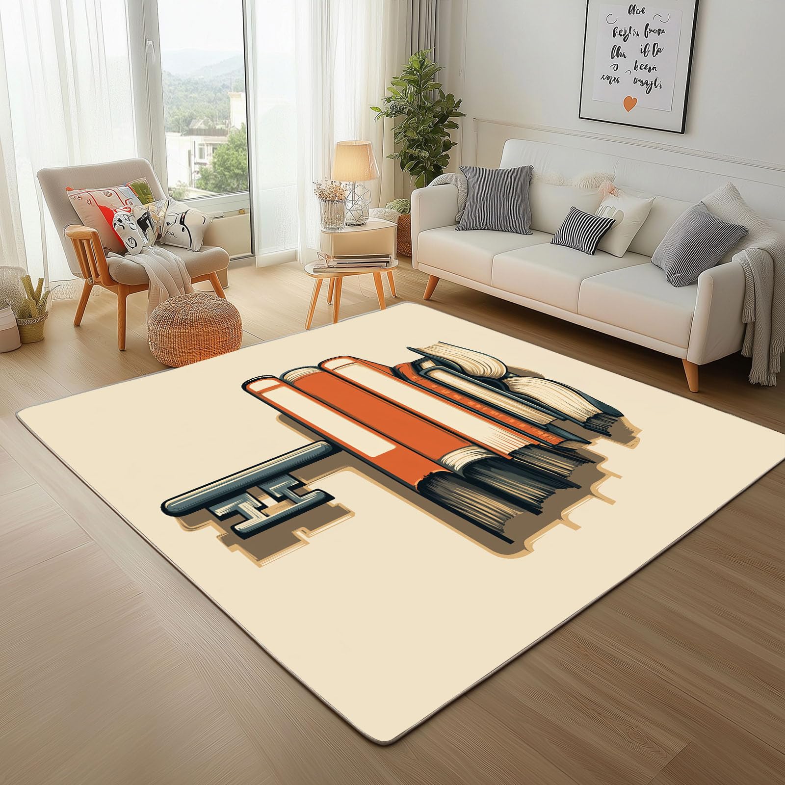 Vintage Bücher Creme Teppich Wohnzimmer 120x170cm Rugs for Living Room, Kurzflor Waschbar Teppisch Minimalismus Wohnzimmerteppich rutschfest für Schlafzimmer Kunstwolle Carpet