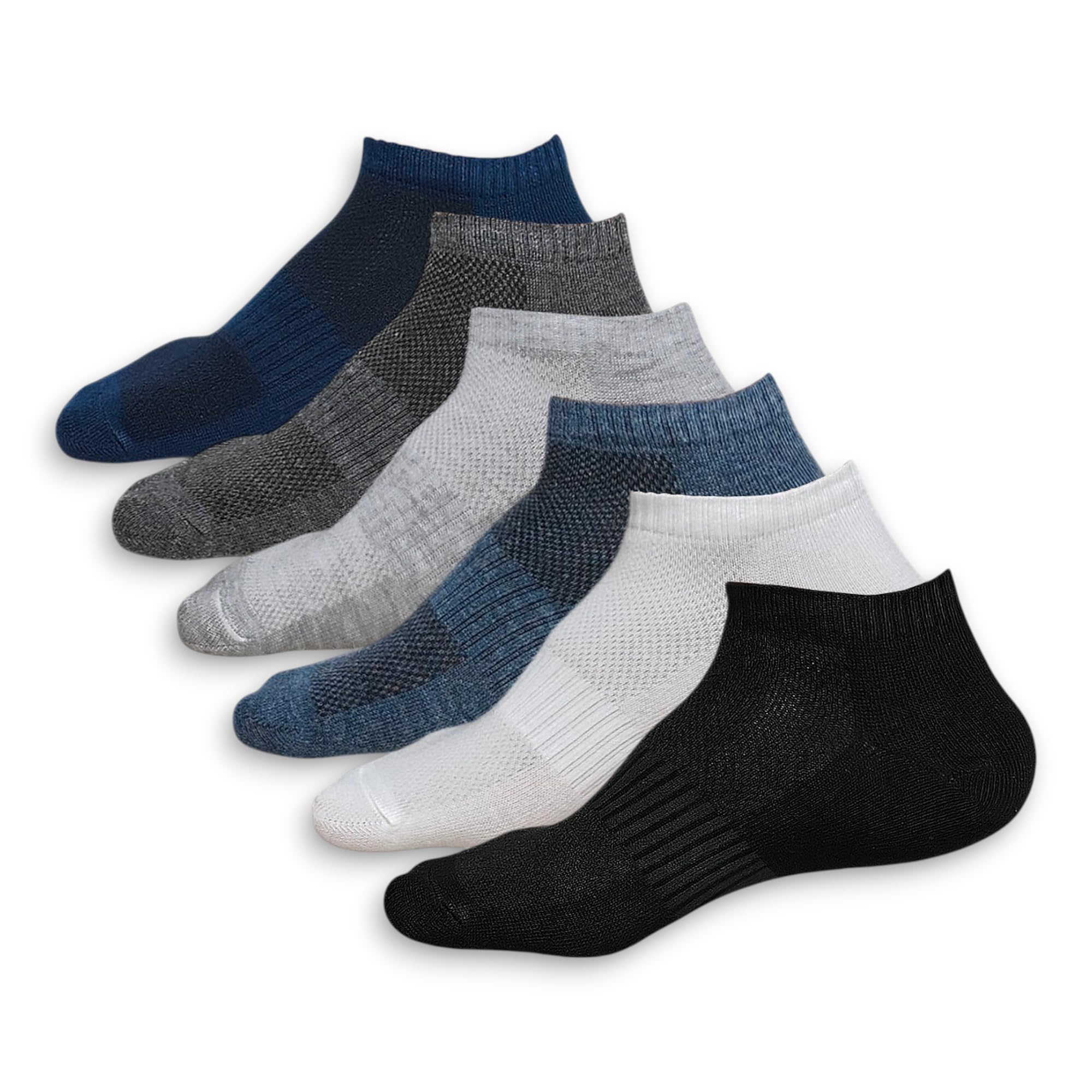 LEALDEALZ Ankle Socks for Men & Women (Unisex) - Made with Soft, Breathable & Durable Cotton, Anti Odour, (Denim Blue, Blue, Charcoal Grey, Black, White, Grey) - Free Size - Pack of 6 - Sports, Gym