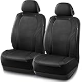 Leather Car Seat Covers, Premium Automotive Waterproof Two Front Bucket Seat Protectors, Black and Black PVC Patchwork, Fits Cars, Trucks, Vans, SUVs, Airbag Compatible