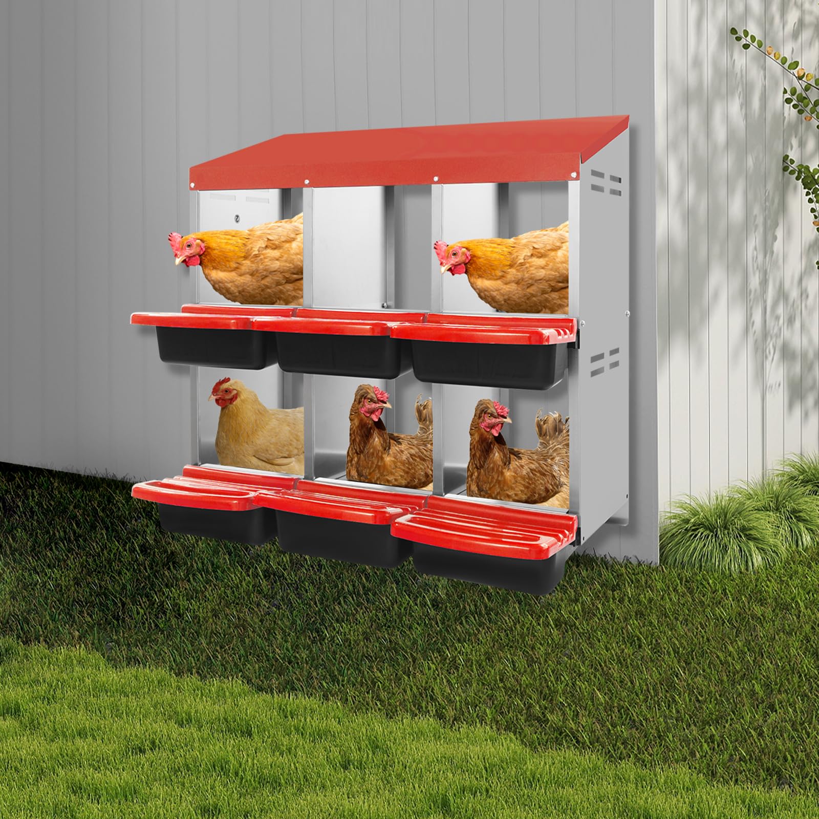 Nido de colocación para gallinas montado en la pared | nido de rodadura para gallinas | nido de pollo | 6 compartimentos nido de pollo para gallinas, patos y otras aves de corral, rojo, 81 x 52 x 79