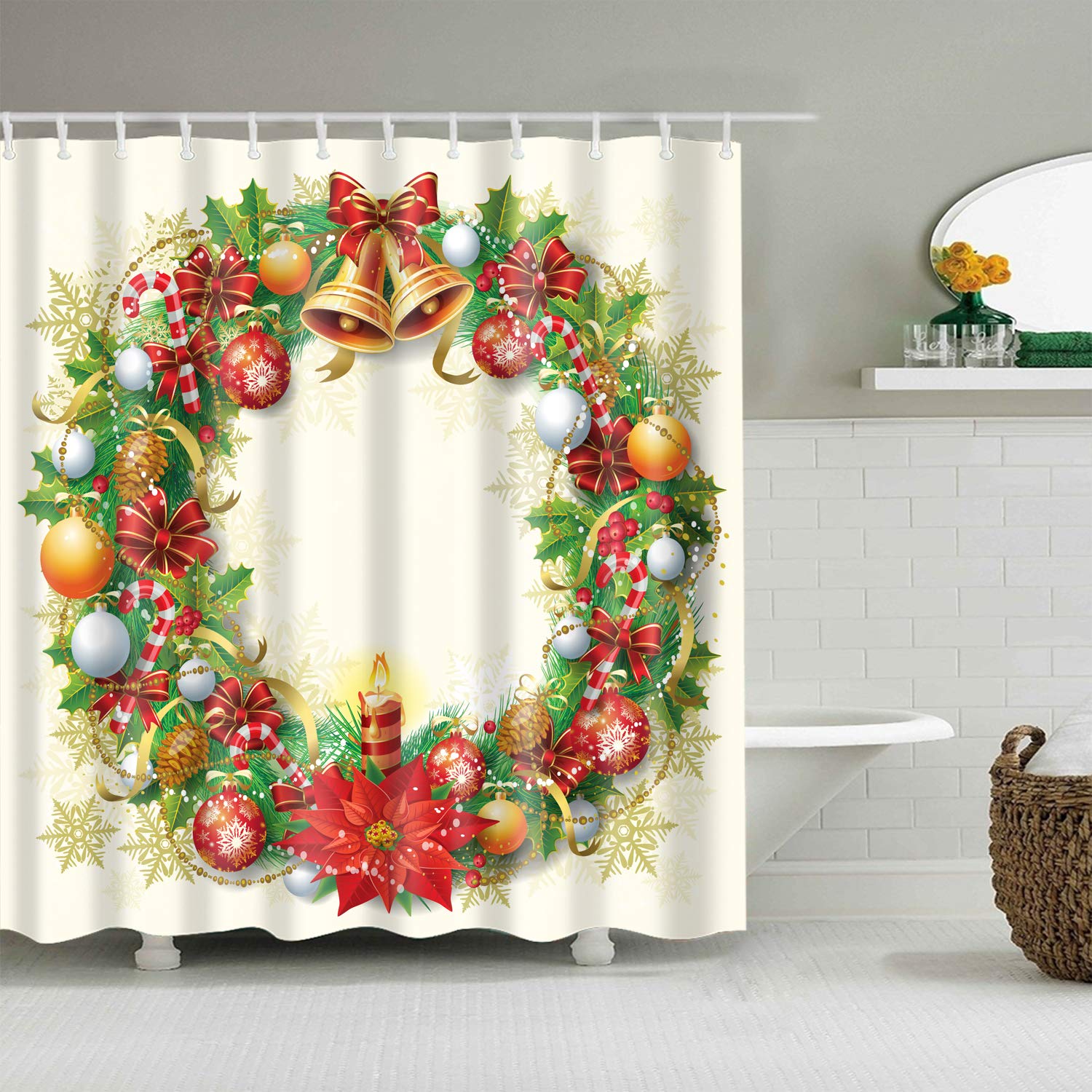 StoneMaxi 180x180cm Christmas Xmas Shower Curtain for Bathroom, 100% Polyester Fabric Waterproof Anti-Mould Proof Resistant, Quick-Drying, Washable with 12 Pcs Hooks (Wreath)