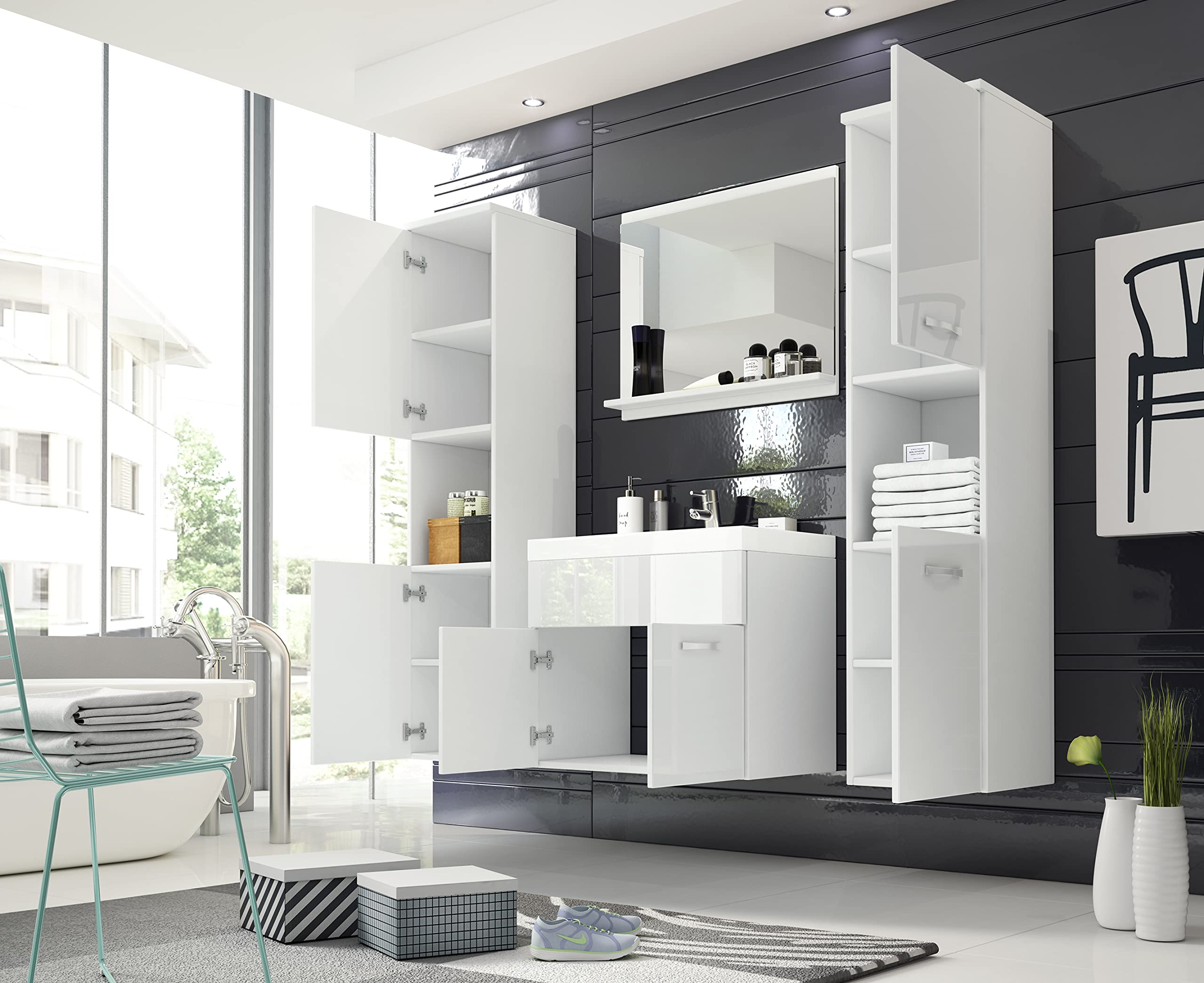 Set di mobili da bagno Montreal XL, lavabo incluso, colori assortiti (Bianco lucido)