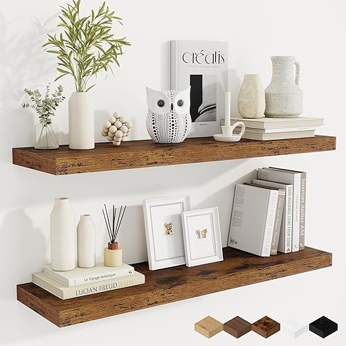 Miniatura 33 de Fun Memories Estantes flotantes para pared, estantes de pared de madera rústica de 24 pulgadas para baño, dormitorio, sala de estar, estantes Negro,
