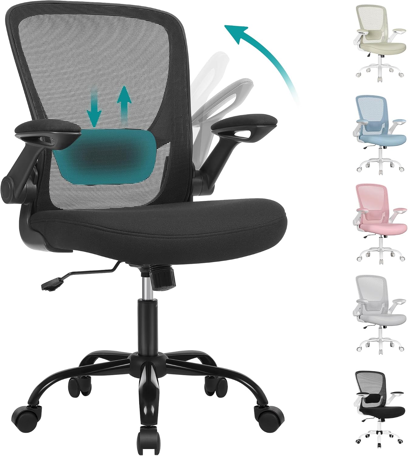 SONGMICS ofis koltuğu, masa sandalyesi, file kaplamalı döner sandalye, ergonomik, yastıklı bel desteği, sallanma fonksiyonu, 53 cm koltuk, katlanır kolçaklar, siyah