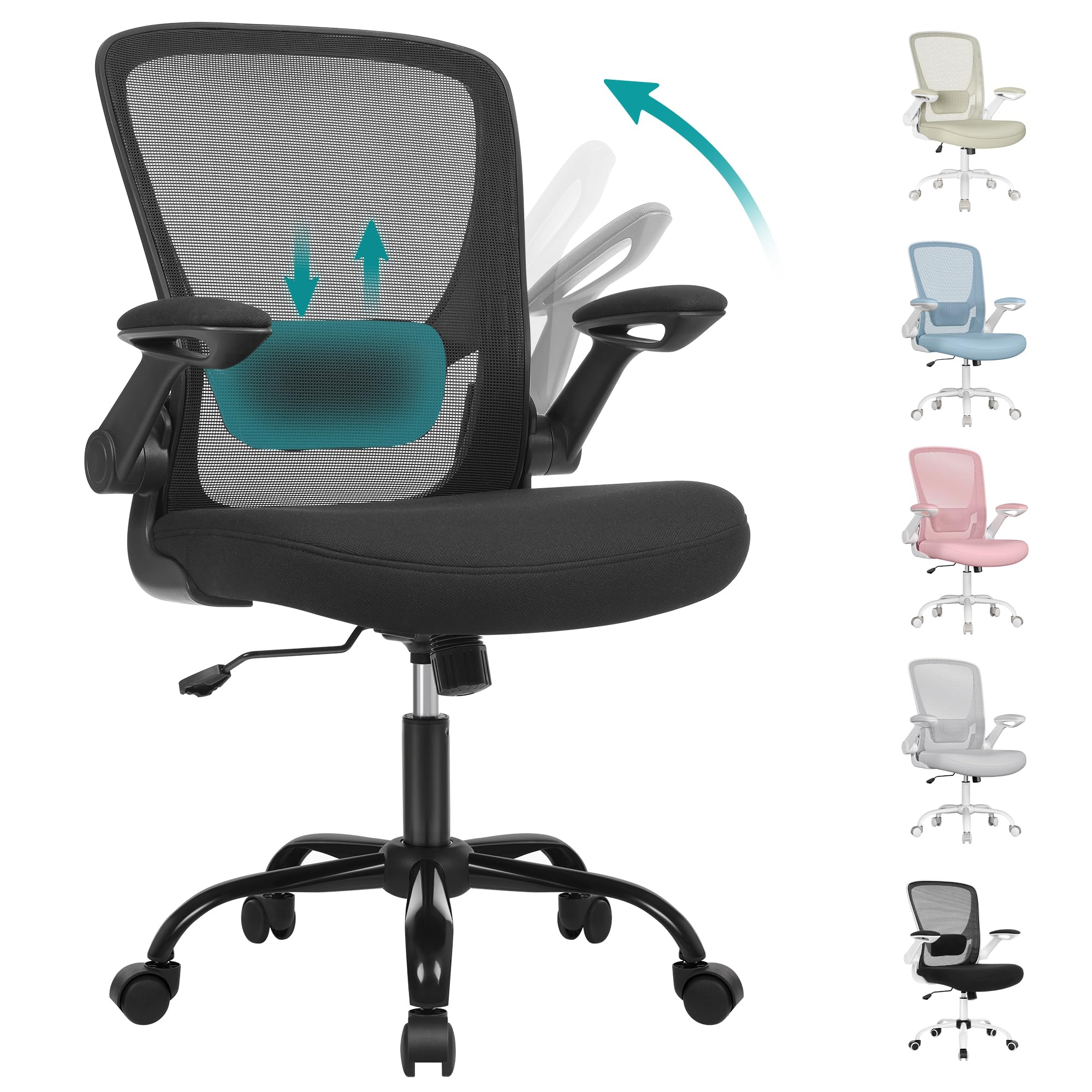 SONGMICS ofis koltuğu, masa sandalyesi, file kaplamalı döner sandalye, ergonomik, yastıklı bel desteği, sallanma fonksiyonu, 53 cm koltuk, katlanır kolçaklar, siyah OBN37BK