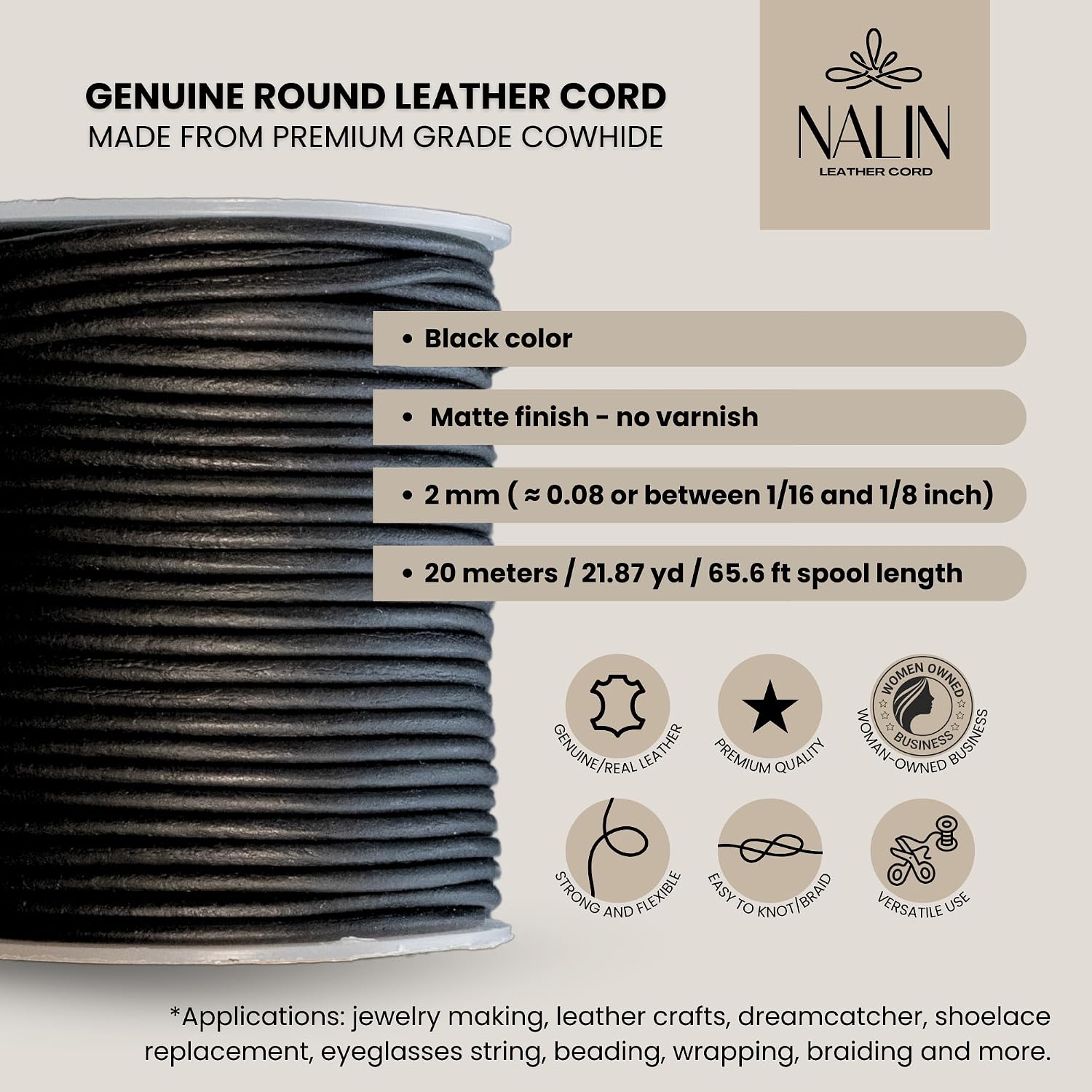 Real/Genuine Round Leather Cord for Jewelry Making, Leather Strips & Strings for Necklaces, Bracelets, Braiding, Crafts – Matte Finish (Black, 2 mm)