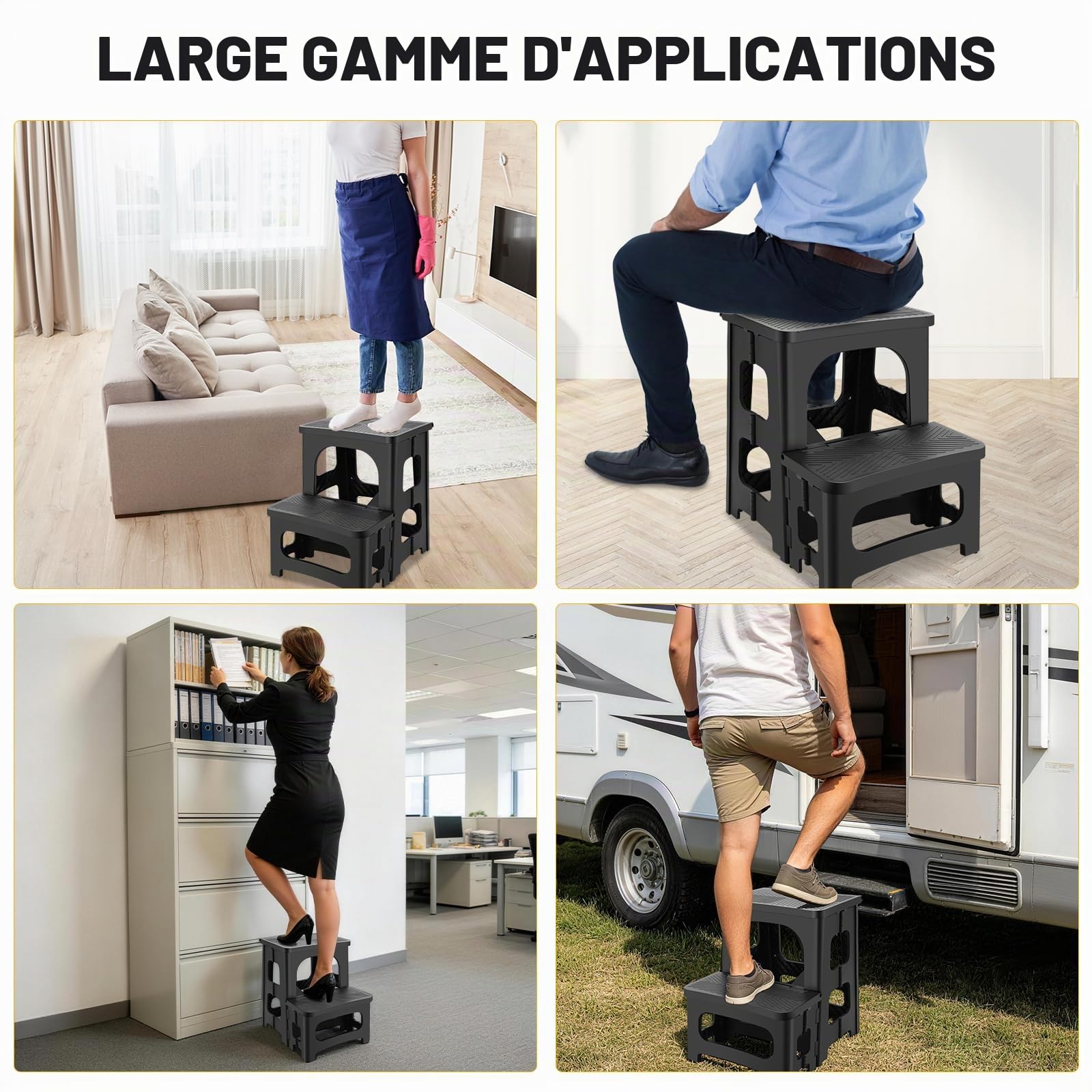 Tabouret pliable à 2 marches pour adultes, repose-pieds pliable antidérapant pour enfants et tout-petits, tabouret de chevet portable, peut supporter jusqu'à 136 kg, escabeau léger et pliable pour