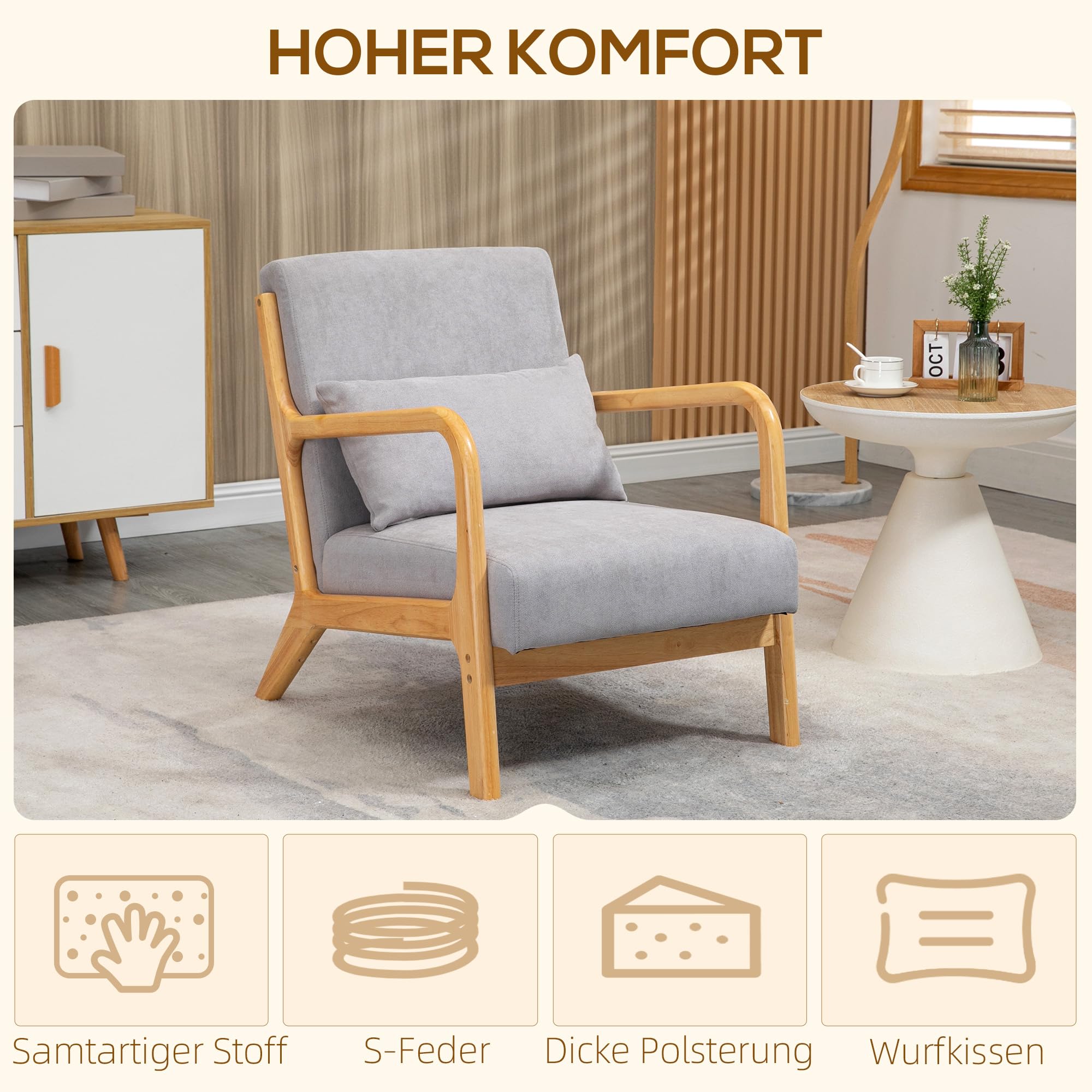 HOMCOM Sessel Loungesessel mit Armlehne, Lendenkissen, Gepolstert Relaxsessel mit Holzrahmen, Samtoptik, S-Feder, für Schlafzimmer, Wohnzimmer, Grau