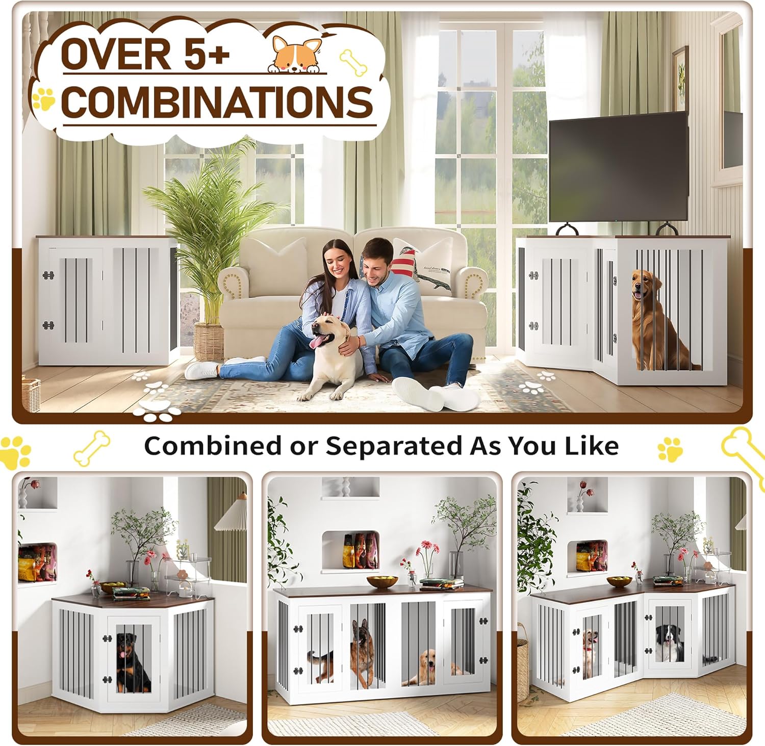 Large Dog Crate Furniture for 3 Dogs, 113'' Corner Dog Crate with Divider, 3 in 1 Heavy Duty Indoor Wooden Dog Kennel Furniture for Small Medium Large Dogs, White