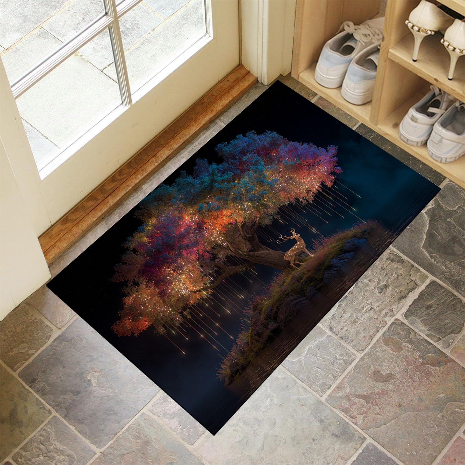 Árbol De La Vida Arcoíris Felpudos para Interiores, Reno De Fantasía Felpudos Suaves Lavables, Felpudo Antideslizante De Perfil Bajo para Entrada Cocina Mascotas Perros, 90X150Cm Azul Oscuro