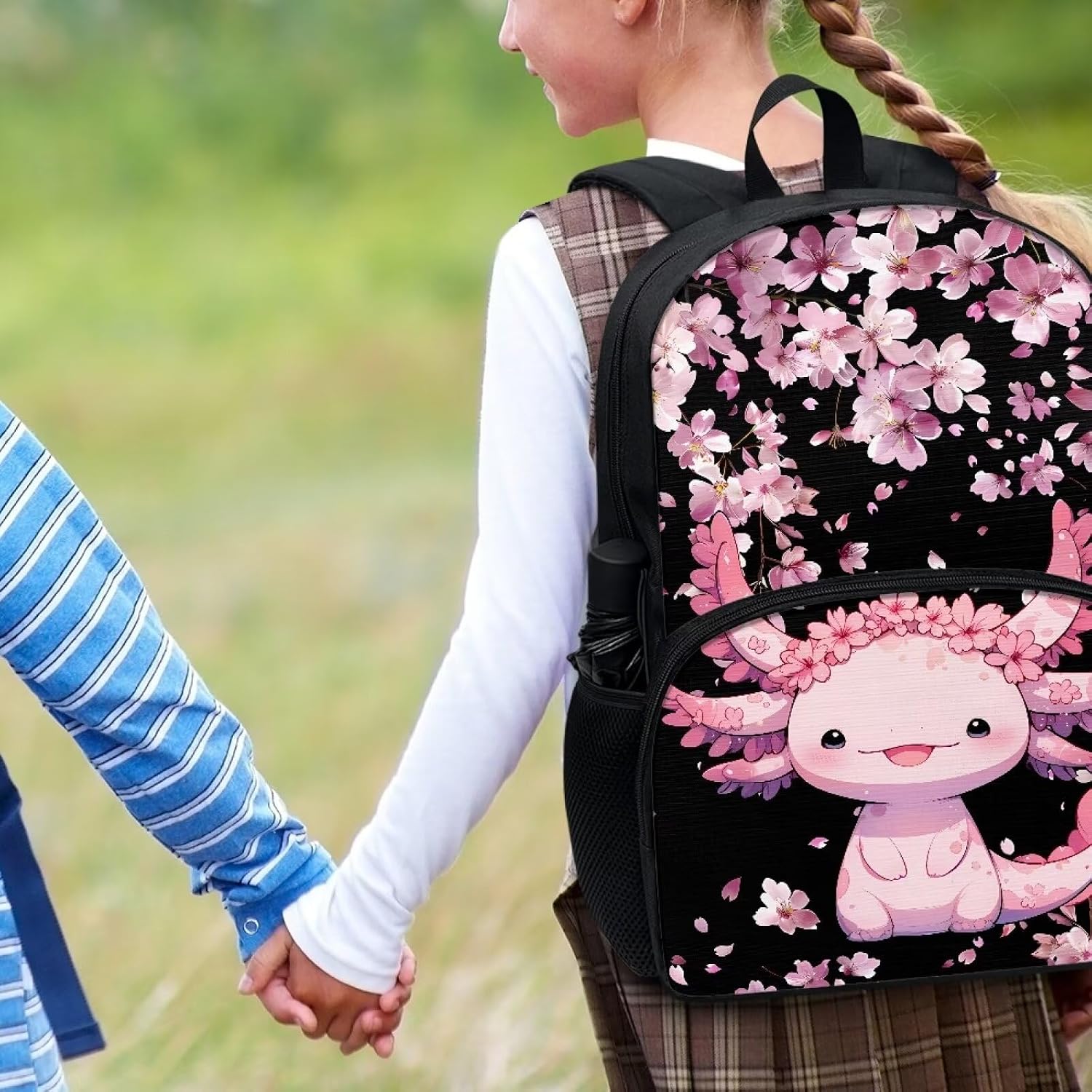 Tuoxiukan Axolotl Backpack For Girls 4th Grade Cherry Blossom School Backpack For Teen Girls Bookbag Lightweight Zipper Schoolbags Large Capacity 17 Inch Kids Casual Daypacks Rucksack, Tuo-CZ33-1-95