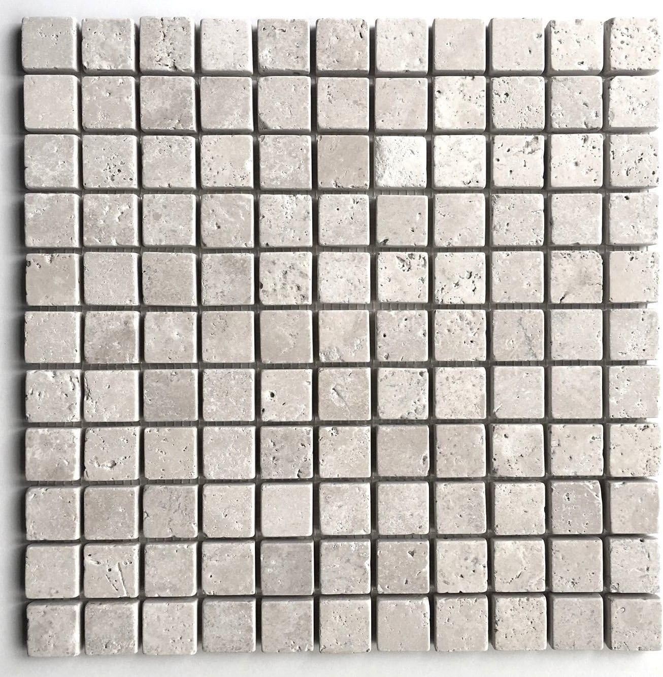 Ivory Light 1x1 Tumbled Aged Edge Travertine Mosaic Backsplash Tile