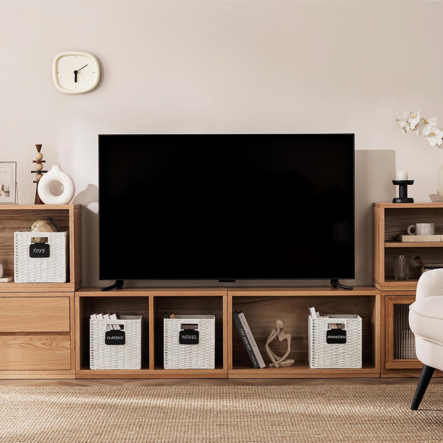 UBBCARE 4 Pack Small Wicker Basket, 9×9 Storage Cubes with Label, Foldable Cube Storage Bin with Handle, Square Storage Basket for Shelves, Woven Paper Rope Basket for Organizing, White