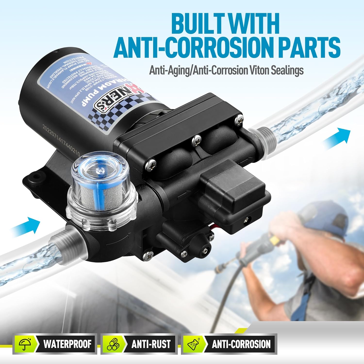 [Upgraded Version] RV Fresh Water Pump, 12V DC Water Pump, 6GPM 70PSI Self-Priming Diaphragm Pump with Pressure Switch and Strainer for RV, Marine, Yacht, Caravan