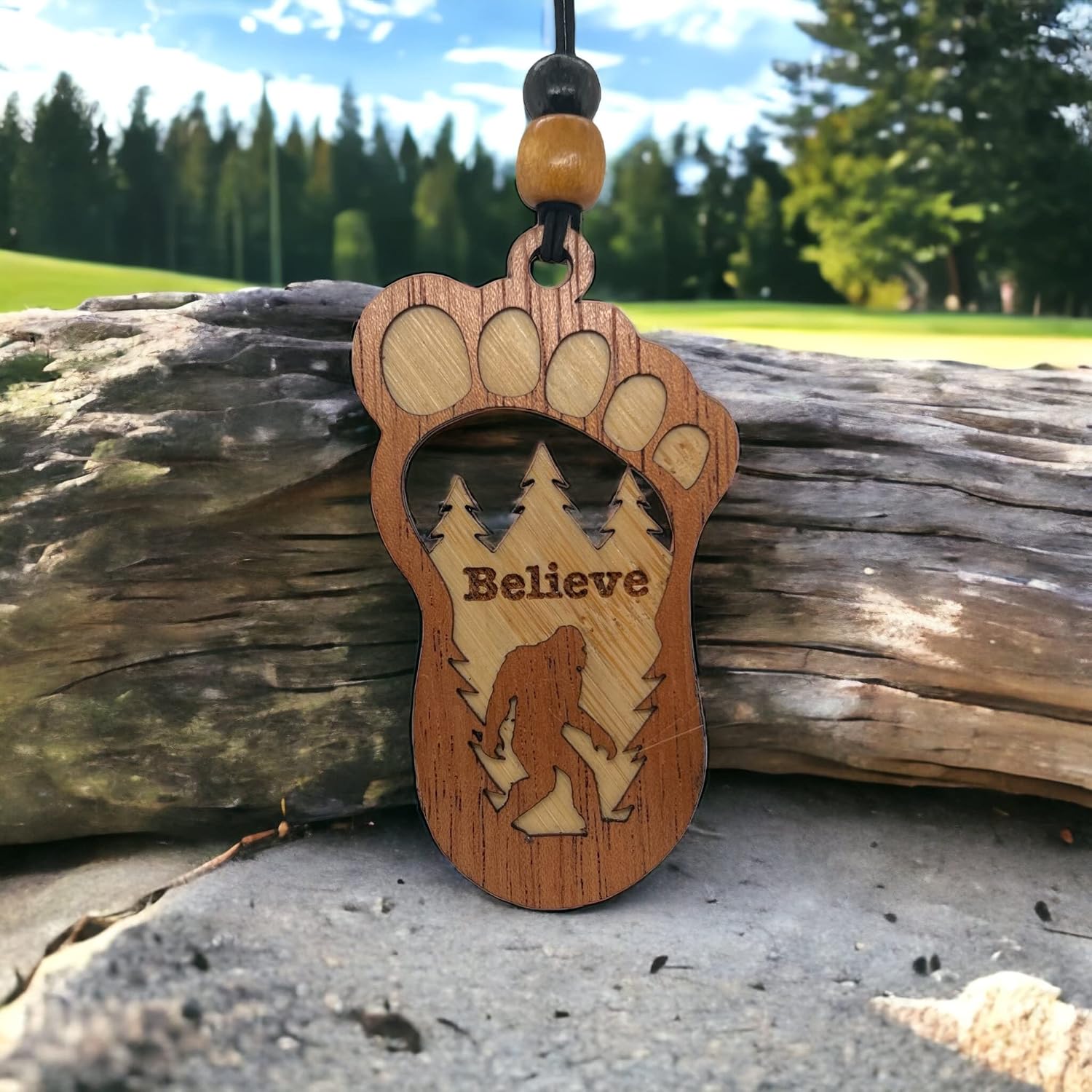 Personalized Car Air Freshener, Wood Diffuser and Fragrance Oil Set, Custom Message, Rearview Mirror Charm, Bigfoot Believe, Sasquatch, Auto Accessory for Men or Women (Cashmere Glow)