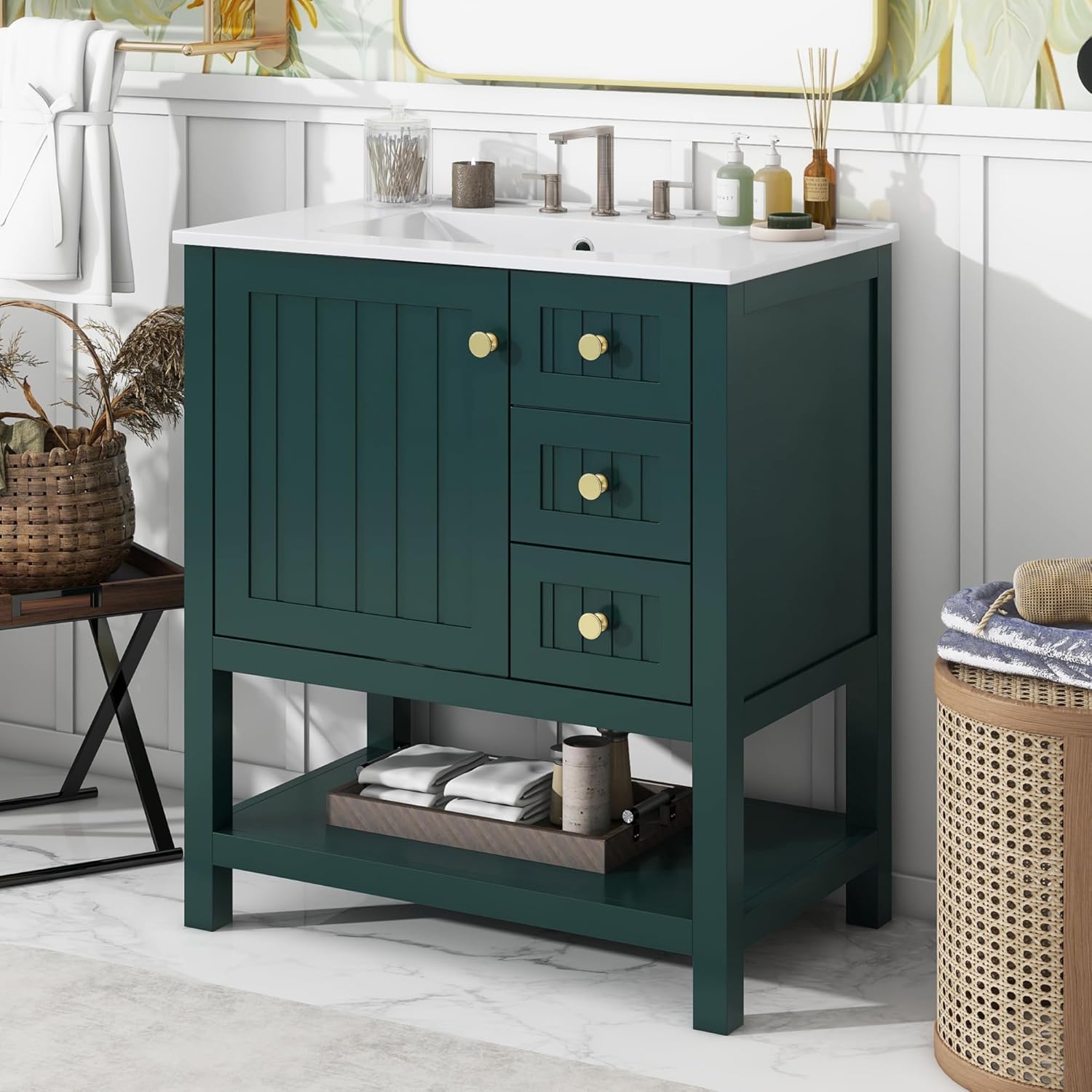 Merax 30" Bathroom Vanity with Ceramic Sink, Transitional Style Bathroom Vanity Cabinet Combo with Drawers and Shelves, Green