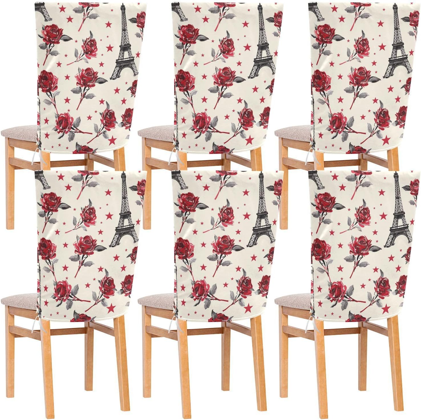 ALAZA Vintage Eiffel Tower Roses Stars Chair Back Cover Set of 6, Washable Reusable Removable Chair Slipcovers Decorative Chair Cover for Home Kitchen Wedding Party