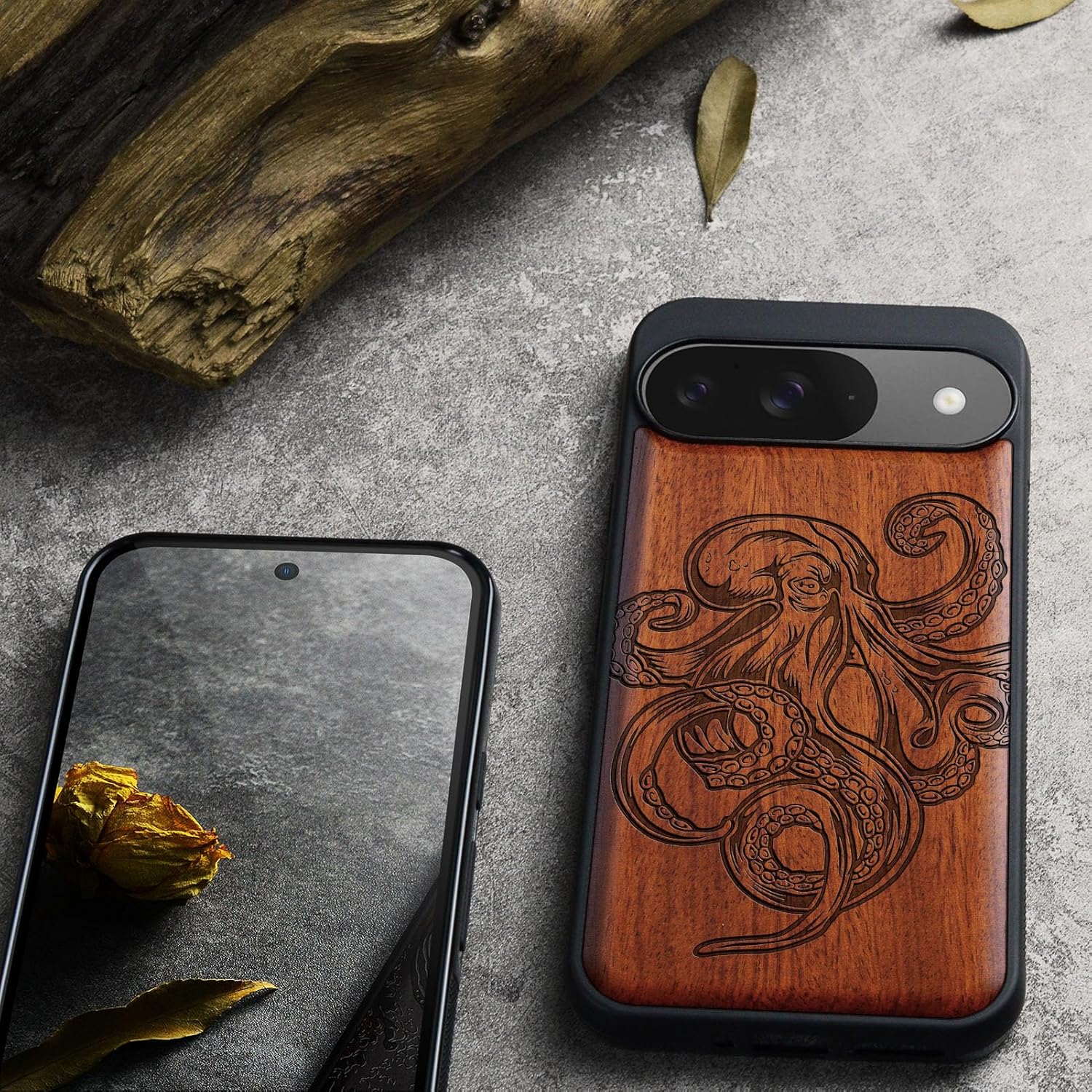 Carveit Magnetic Wooden Case for Google Pixel 9 Case, Wood Artisan Engraved & Soft TPU Shockproof Cover, Compatible with MagSafe Wireless Chargers (Octopus Drawing) Rosy