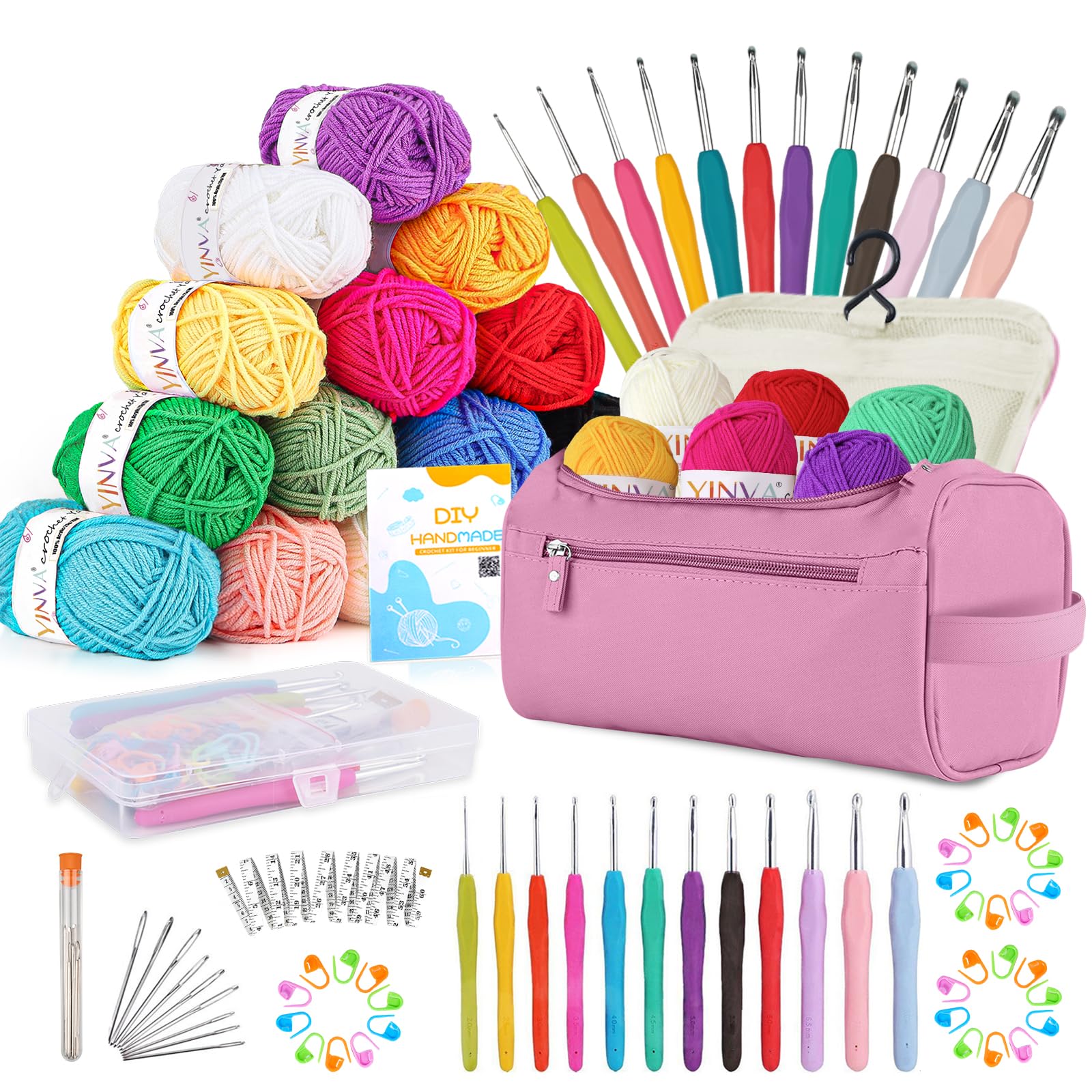 YINVA Crochet Kit for Beginners with 1150 Yards Yarn for Crocheting Ergonomic Crochet Hooks 2mm-8mm Crochet Starter Kit Accessories Tools Storage Case and Supplies -Pink
