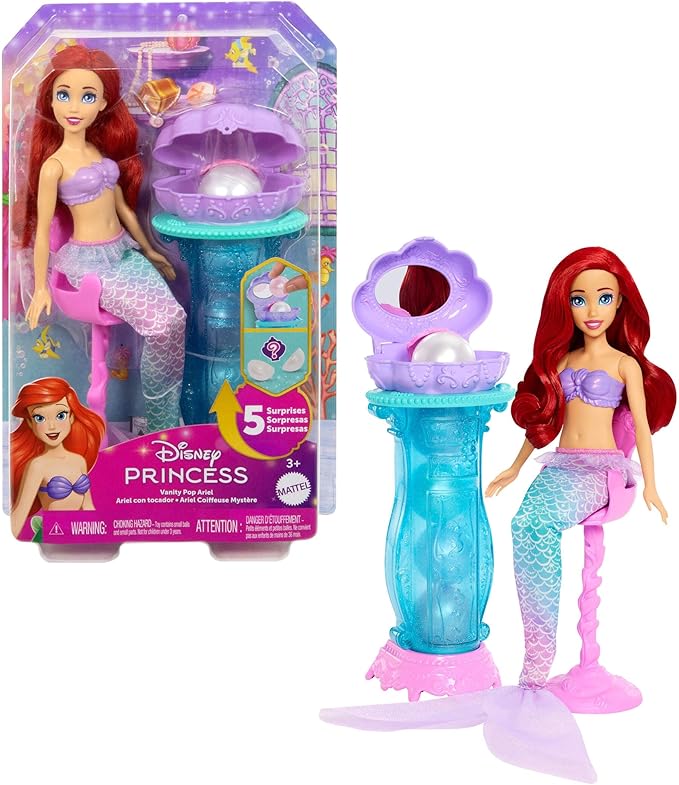 Mattel Disney Princesas Ariel con tocador desplegable Muñeca de moda de sirena con cola extraíble y tocador con cinco so