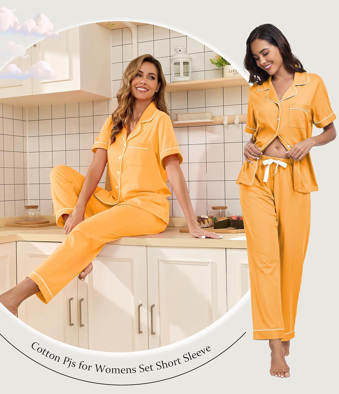 ANLIQI 100% Cotton Pajamas for Women Set Short Sleeve Top & Pajama Pants Button Down Sleepwear Pjs Lounge with Pockets - Image 3