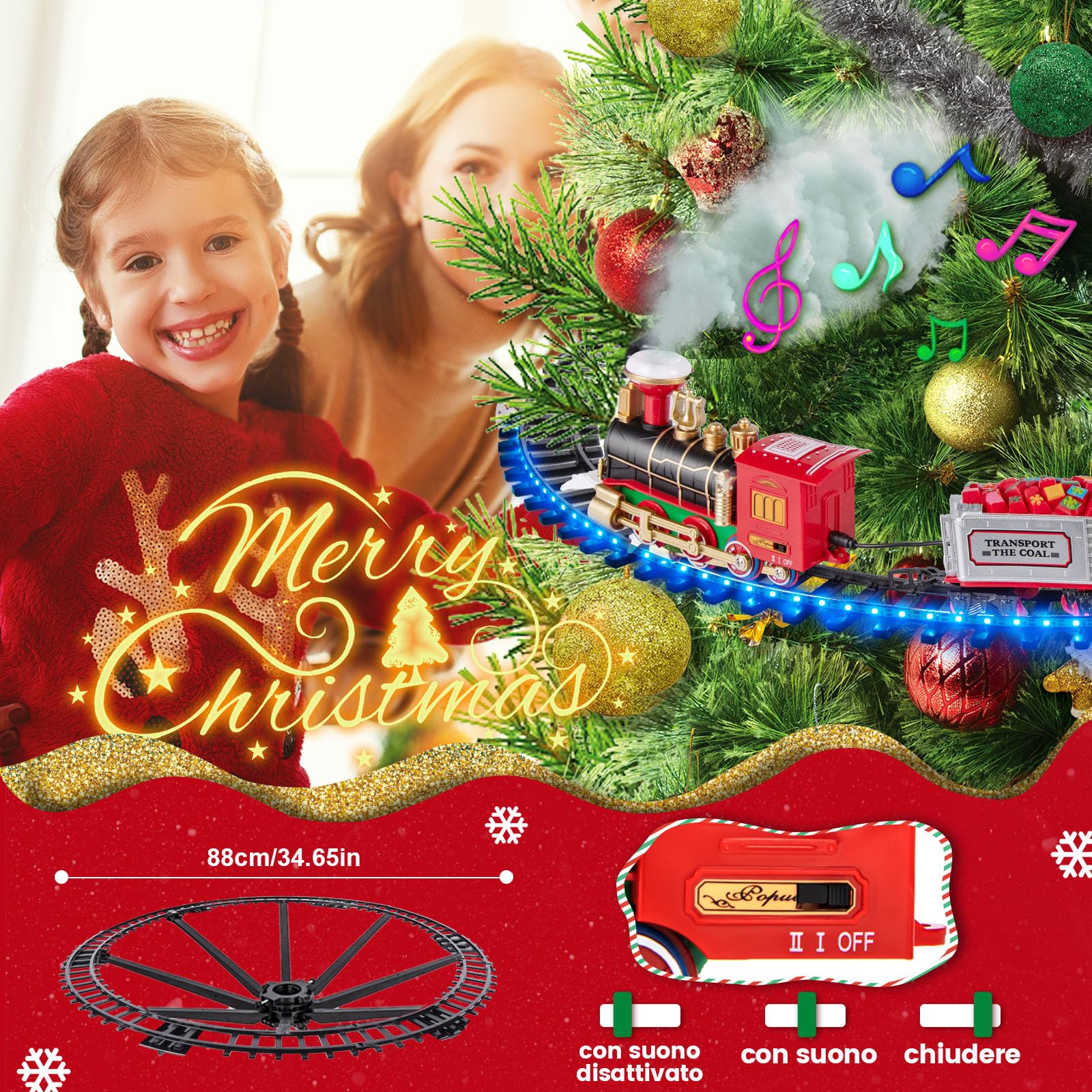 BuzzoXerex Treno di Natale Elettrico per Albero con Ghirlande Luminose LED Blu, Treno Elettrico Bambino con Spray e Suono