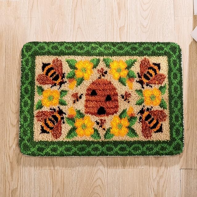 Myriad Choices Flowers and Bees Latch Hook Kits 60 X 40cm, DIY Latch Hook Rug Kits for Beginners Adults Kids, Flowers and Bees Home Rug Making Kits Needlework, Latch Hook Crafting Kits for Home Decor