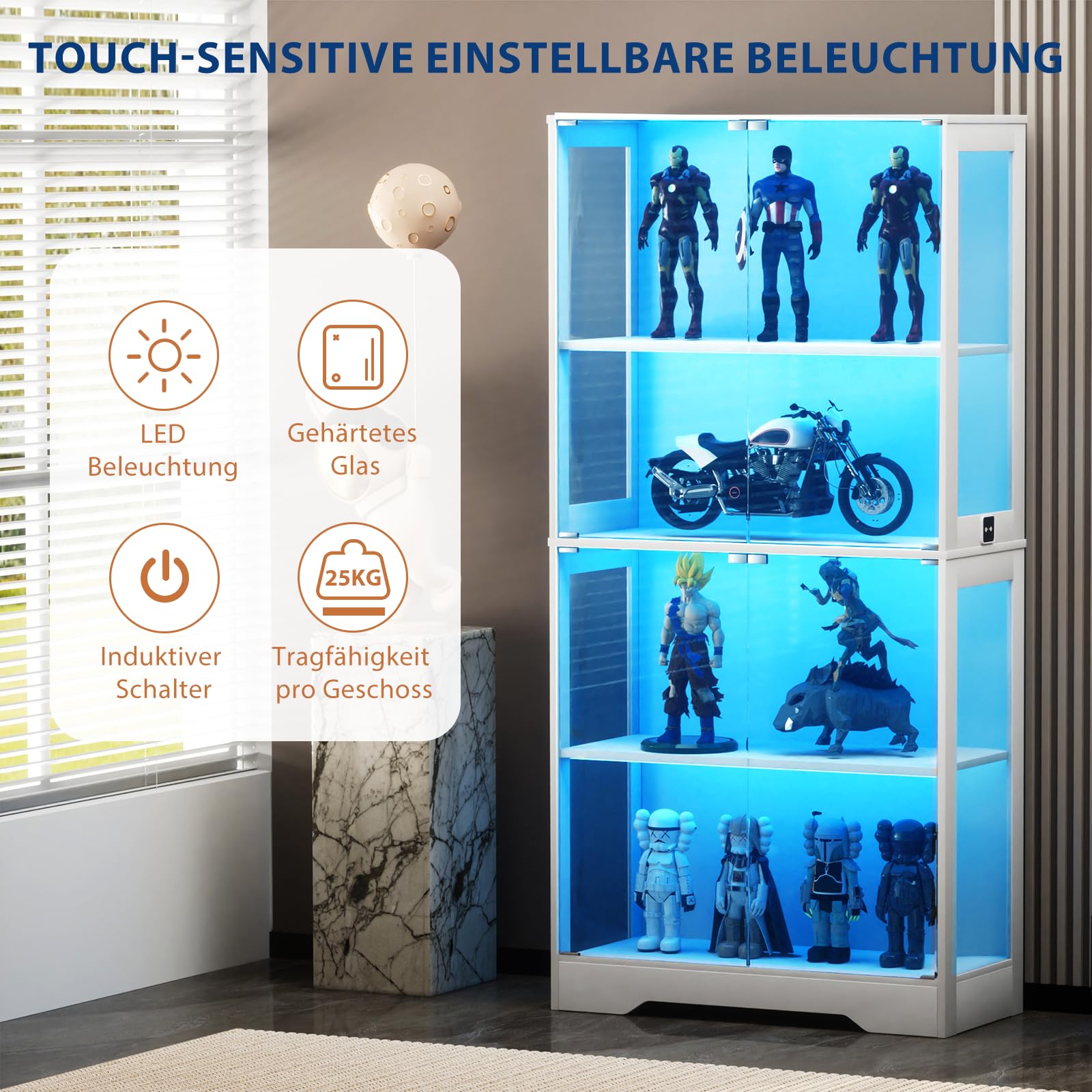 Vitrina de cristal con iluminación LED y sensor inteligente, vitrina de 4 capas, vitrina coleccionable para salón, dormitorio, oficina, blanco, 80 x 35 x 165 cm