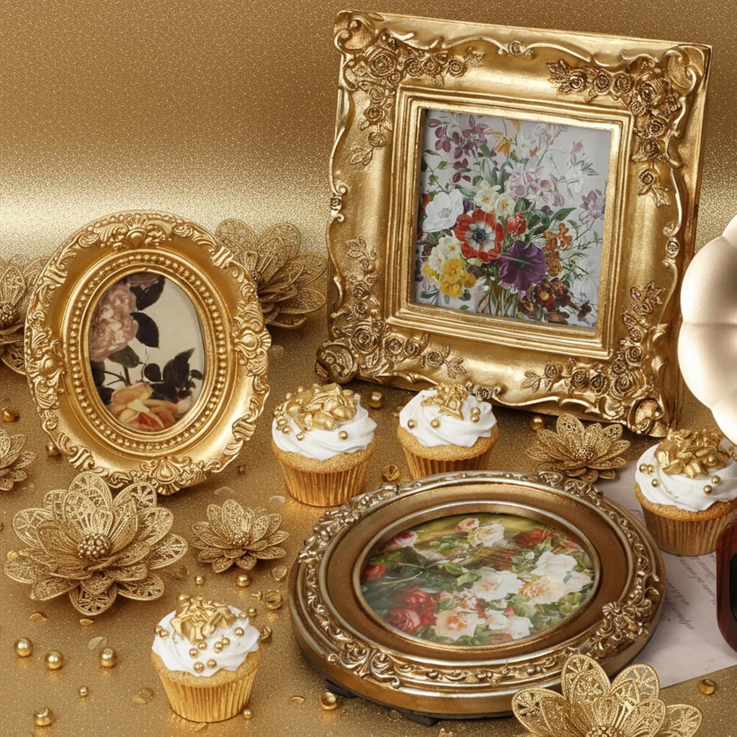 4 PCS Gold Vintage Photo Frame, Small Gold Picture Frames, Mini Ornate Frames, Vintage Picture Frame with Stand for Tabletop Display Christmas DIY Photo-5.5" X 4.7",5.5",3.7" X 4.3",6.3"