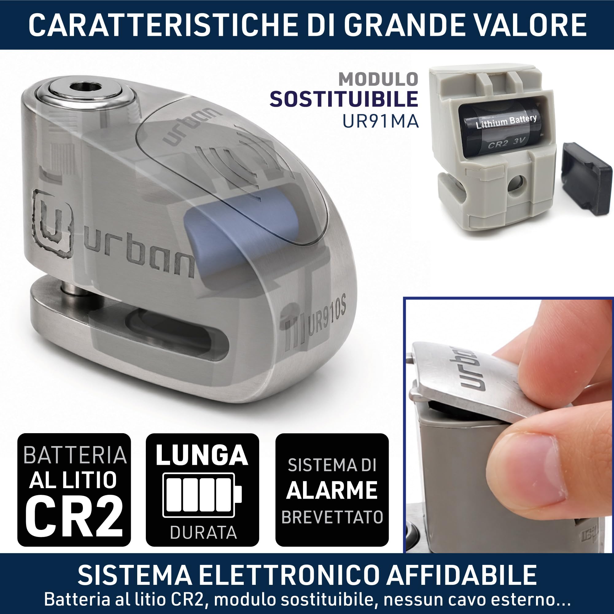 URBAN UR910S Bloccadisco Moto Senza o Con Allarme Omologato SRA et Sold Secure, Doppia Chiusura ø10 Acciaio Indurito di Alta Sicurezza, Cavo Promemoria, Lucchetto Antifurto Blocca Disco Moto, Scooter