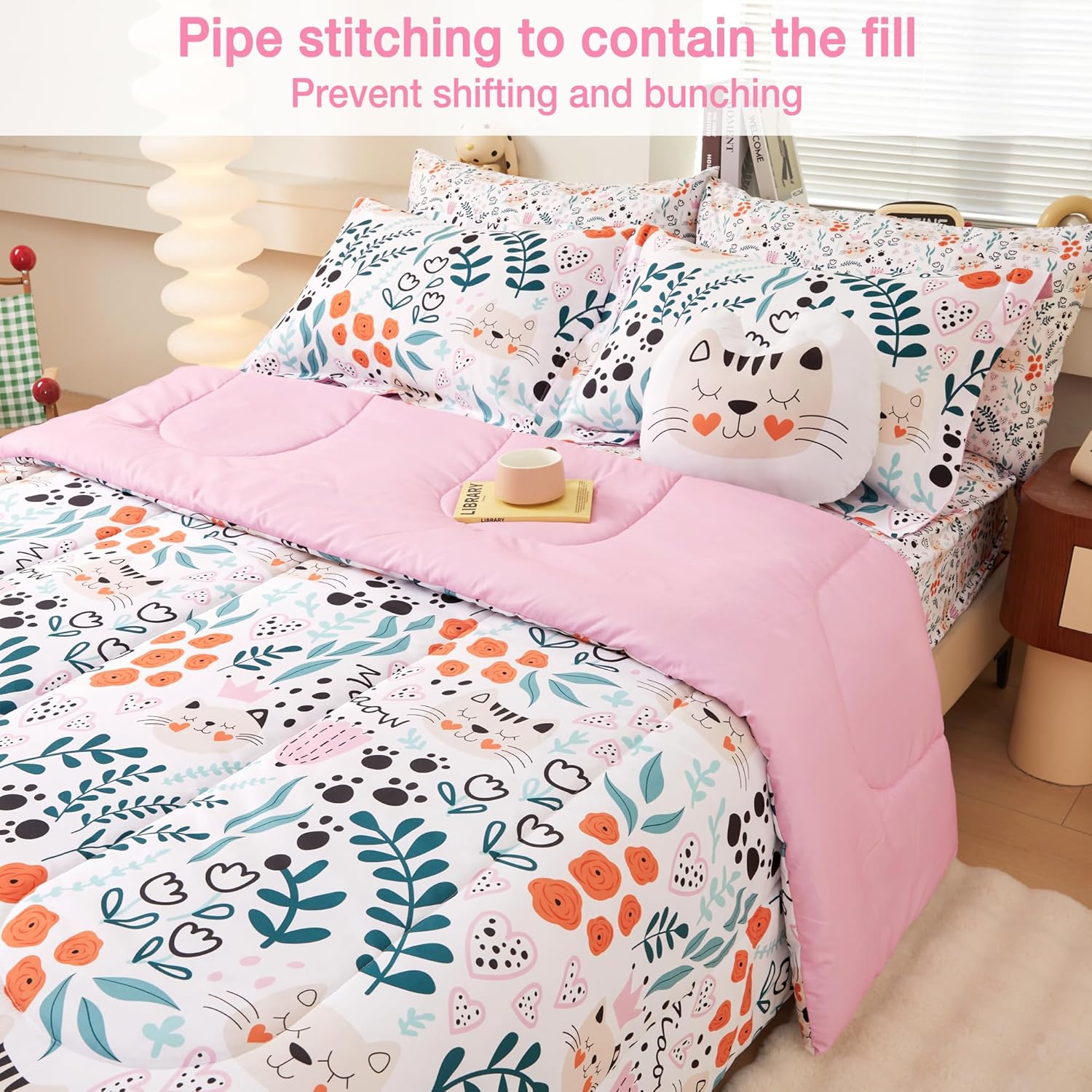 Mooreeke Twin Size Comforter Sets for Girls Kids, 6 Pieces Bed in a Bag Flower and Cat Bedding Comforter Sheet Set with Shams and Decorative Toy Pillow, Ultral Soft Microfiber Kids Bed Set
