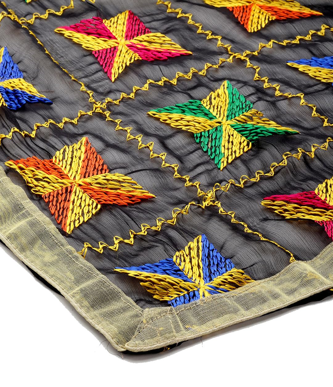 Weavers Villa Net Floral Black Phulkari Embroided Dupatta For Men (2.20 Mtrs)