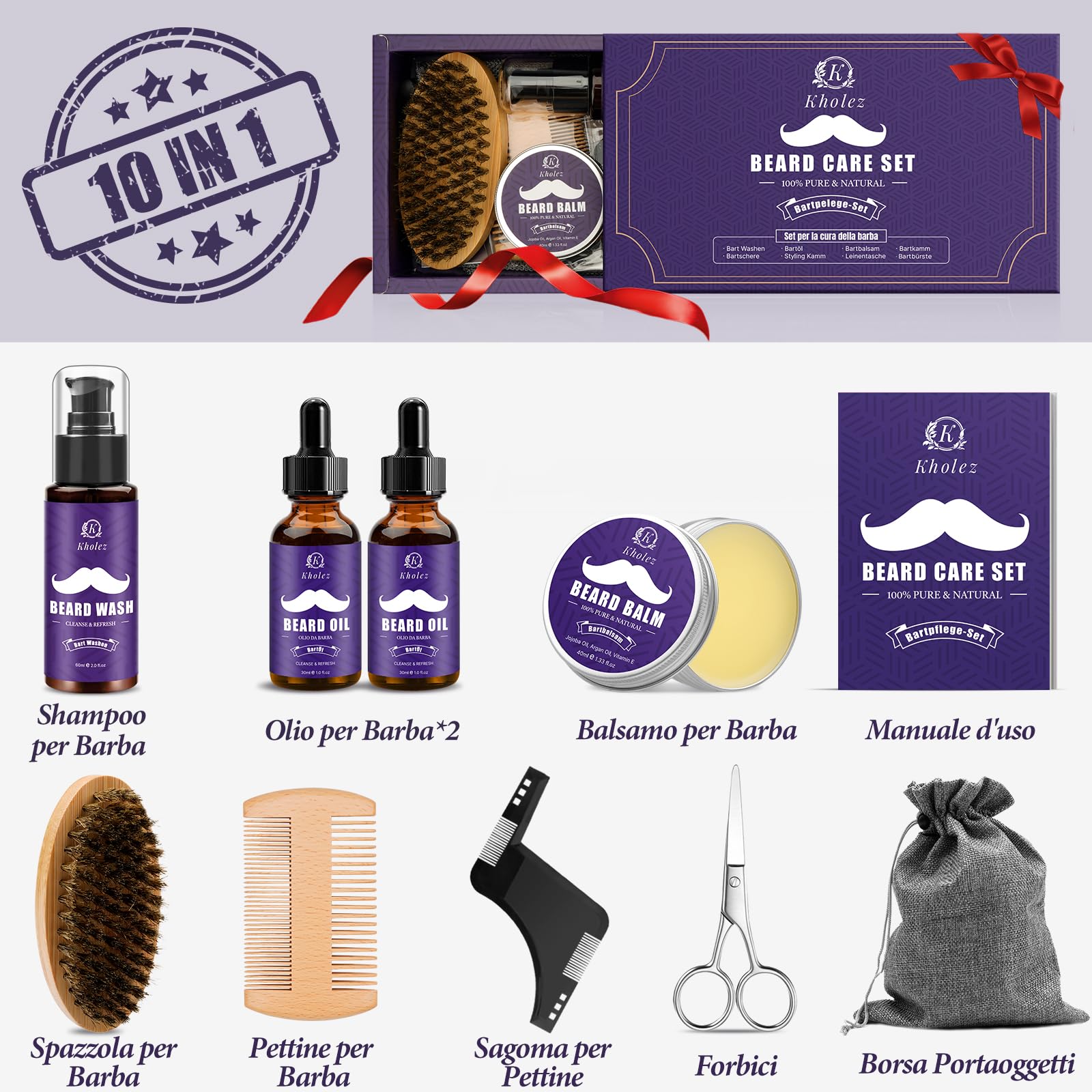 KHOLEZ Kit Barba Uomo Professionale, Set Barba Uomo, Set Cura Barba con Olio Barba, Balsamo Barba, Shampoo Barba, Forbici, Pettine Barba, Spazzola Barba, Modello Barba e Sacca Viaggio, Regalo Uomo
