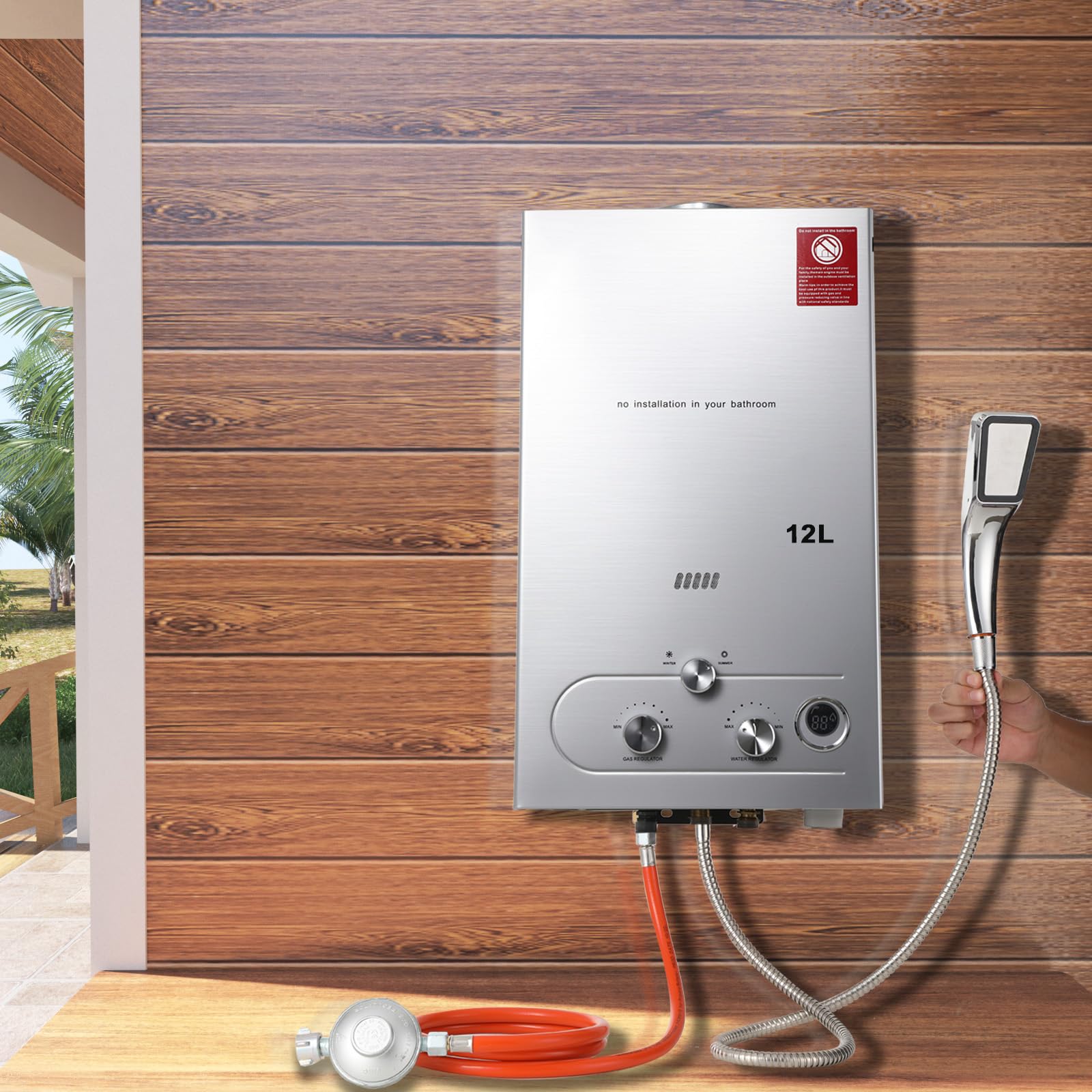 24KW 12L LPG Gas Durchlauferhitzer mit Gasdruckregler, Propangas Campingdusche für Dusche im Außenbereich Dusche Bad Warmwasser Camping Dusche Warmwasserbereiter mit CE-Zertifizierun, Silber