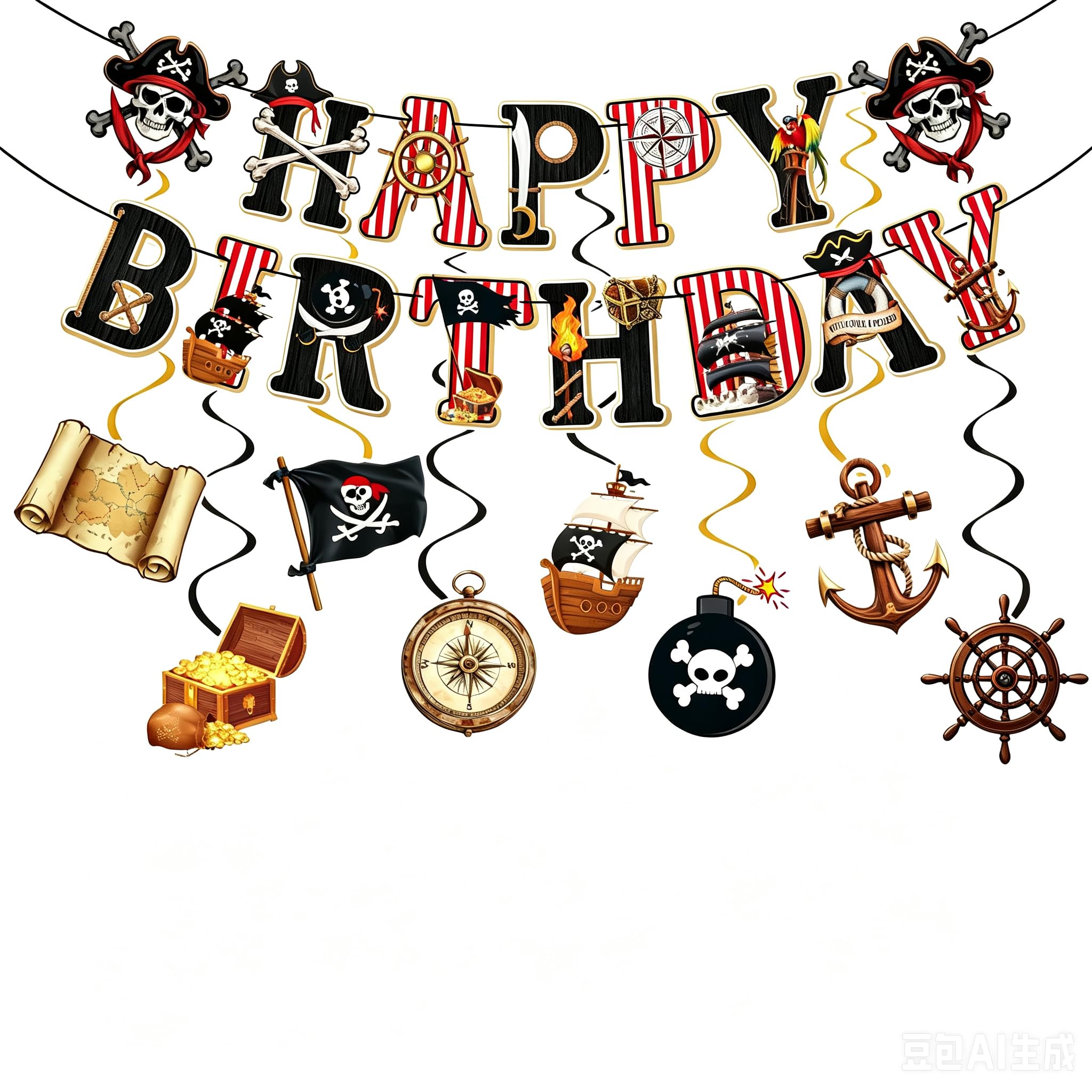 Pirate Happy Birthday Banner & Hanging Swirls Set for Party Decorations