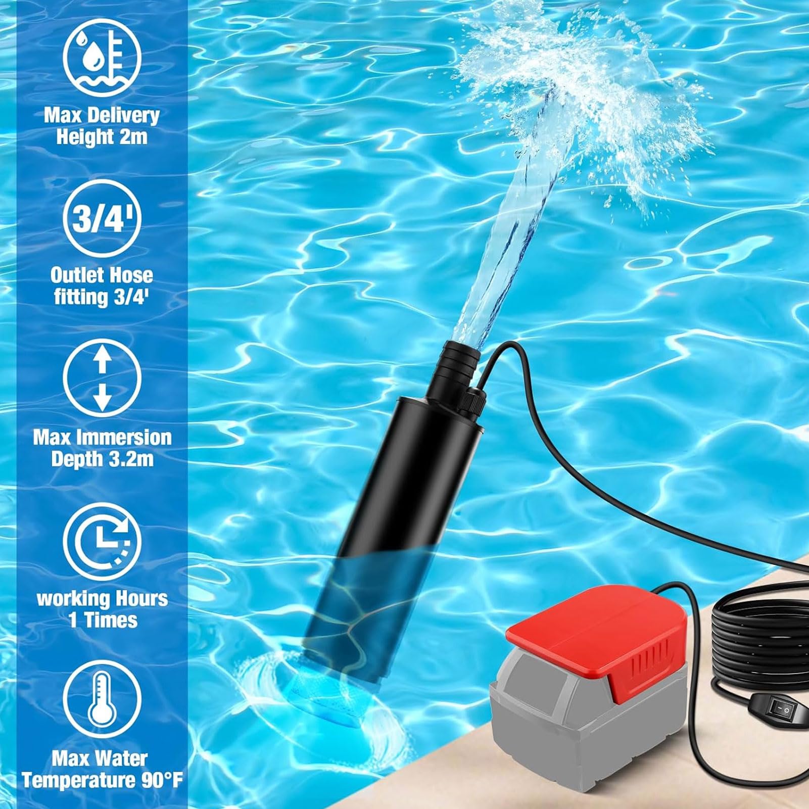 Bomba de Agua para Drenaje, Bomba Sumergible de Aguas Residuales 500GPH 50mm x 180mm para Piscina Estanque Pozo y Lavado de Coche