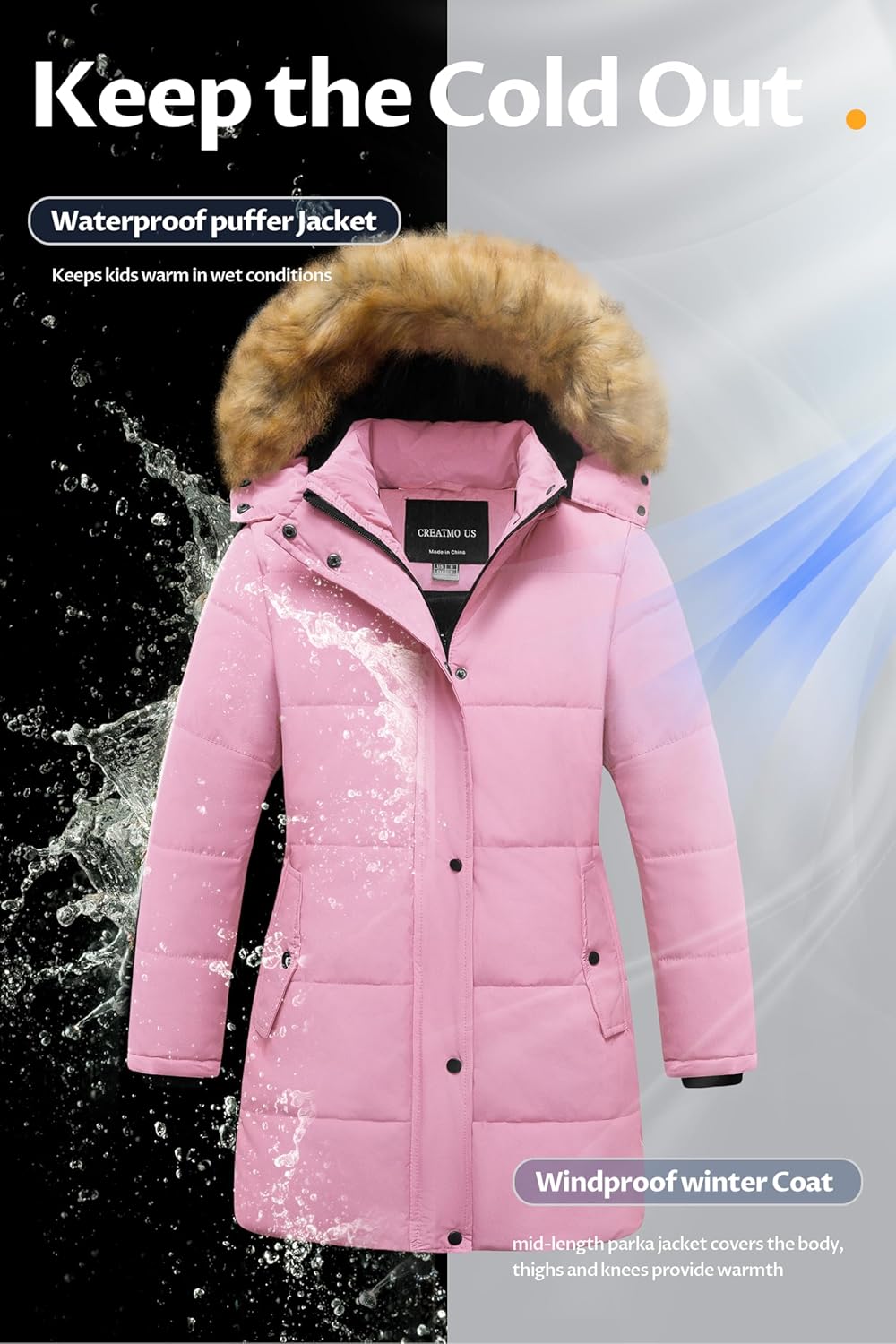 CREATMO US Girl's Winter Fleece Lined Long Parka Puffer Coat Thicken Ski Jacket With Fur Trim Hood - Image 5