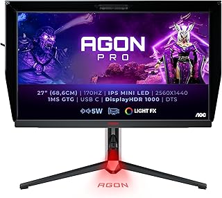 AOC AGON AG274QXM - 27 Inch QHD Gaming Monitor, 170Hz, IPS, 1ms, Mini LED, RGB design, HDR 1000, KVM, Height Adjust, Speakers (2560x1440 @ 170Hz, 600 cd/m² HDMI 2.0 / DP 1.4 / USB-C), black
