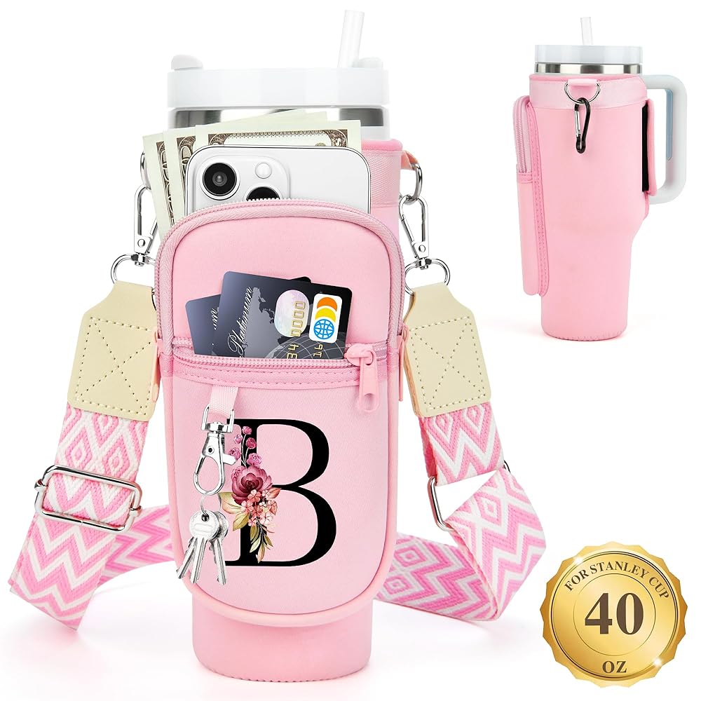 LOKASS Personalized Water Bottle Holder with Strap for Stanley Cup Accessories 40 oz Tumbler, Initial Water Bottle Carrier Bag W/Phone Pocket, for Women,Ideal for Thanksgiving/Christmas/New Year