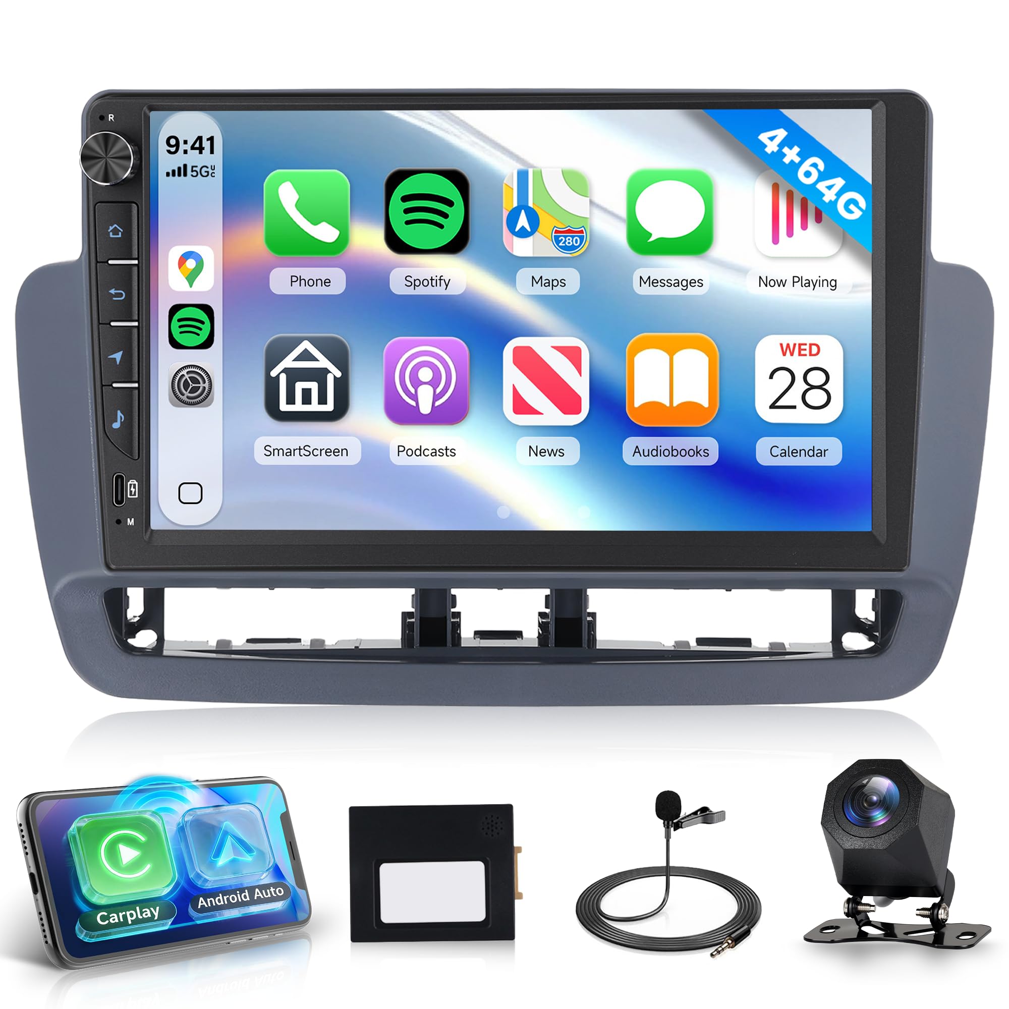 Rimoody 4G+64G Radio de Coche Android para Seat Ibiza 2012-2015 Carplay Wireless, 9 Pulgadas Pantalla IN-Cell Radio con Android Auto FM/RDS/EQ Navegación GPS WiFi Bluetooth Mirror Link Cámara Trasera