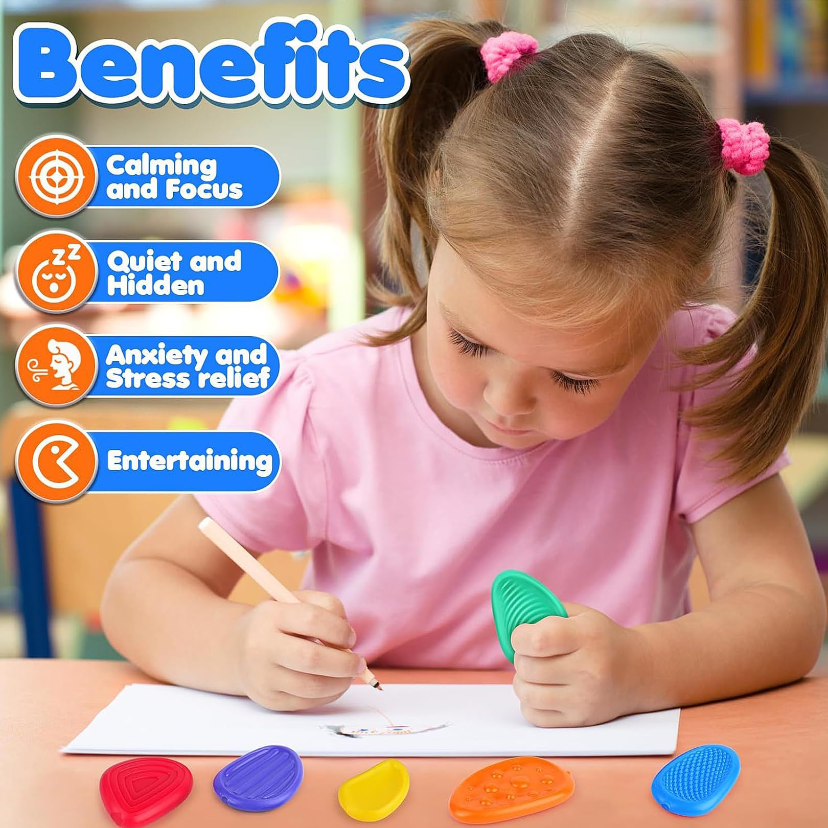 strrng 6-Piece Sensory Stones for Kids Worry Stones, Sensory Toys, Anxiety Relief, Silicone, Multicolor, Rainbow, Educational - Image 3