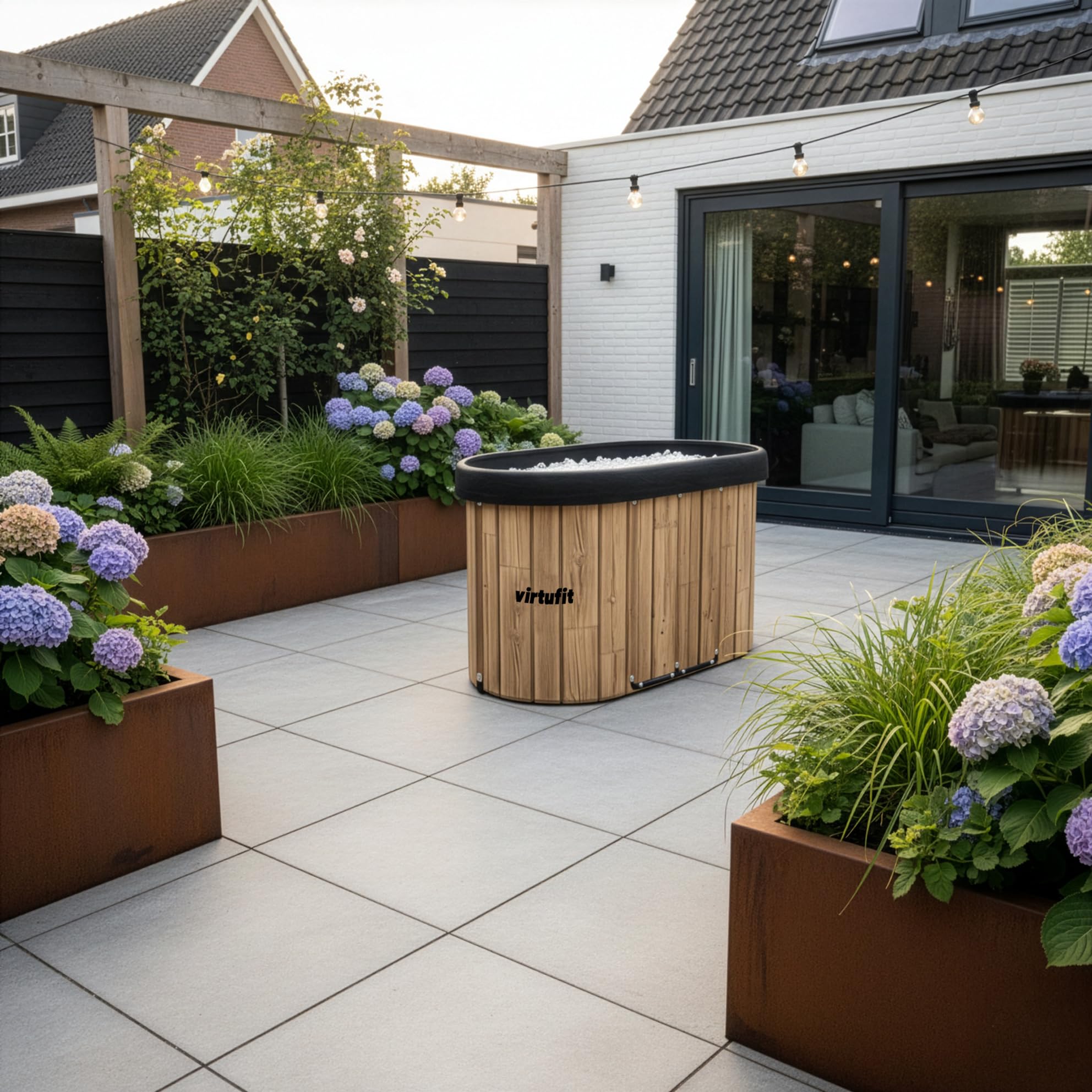 VirtuFit Eisbad Oval 500L Wood Look – Kaltwasserbecken Ice Bath für Regeneration & Muskelerholung – faltbar, 5-lagige Isolierung, inkl. Zubehör, Outdoor & Indoor