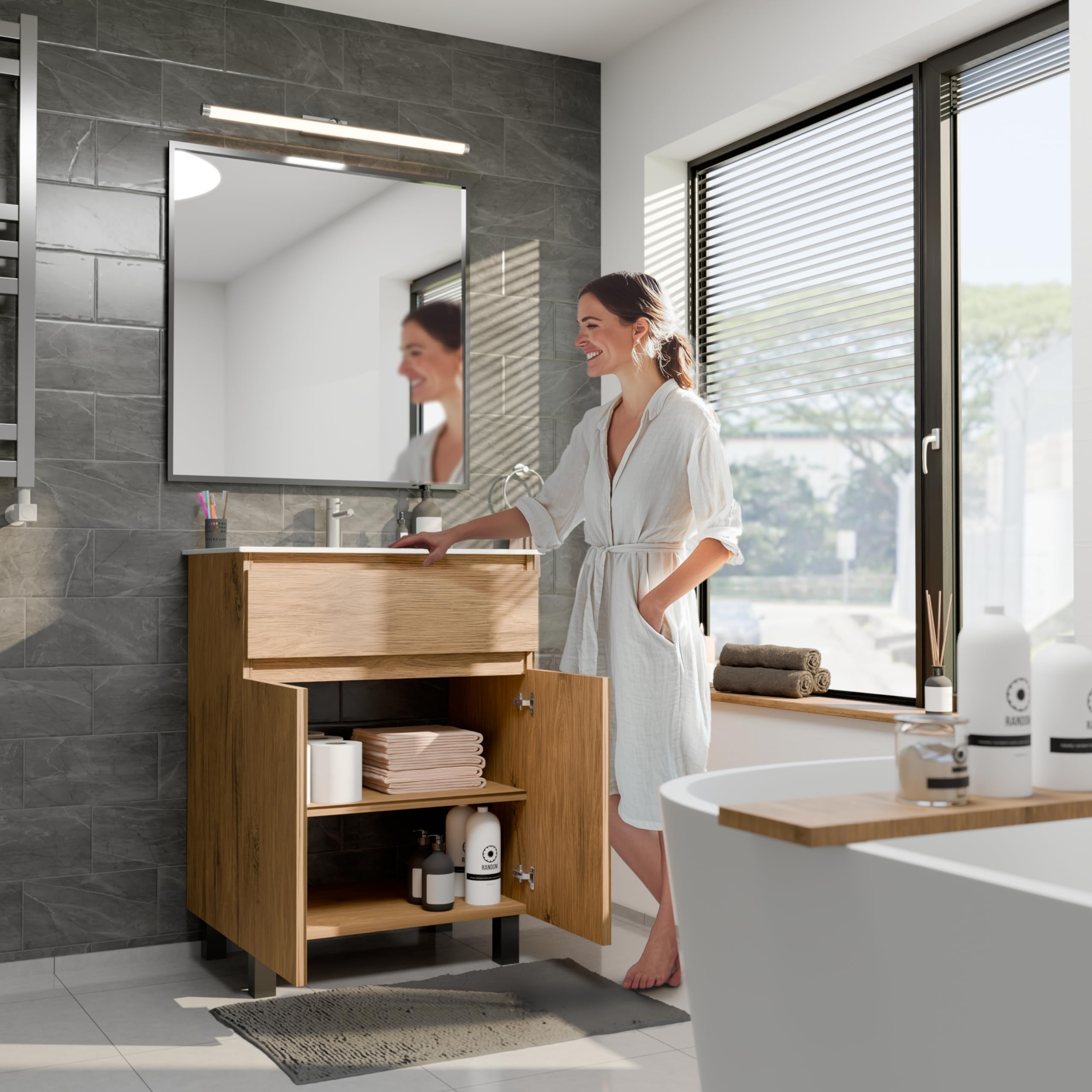 Meuble Salle de Bain 60 cm avec Vasque Ariza Sink | Meuble sous lavabo avec 1 tiroir et 2 Portes | Suspendu ou Debout | Bois Chêne