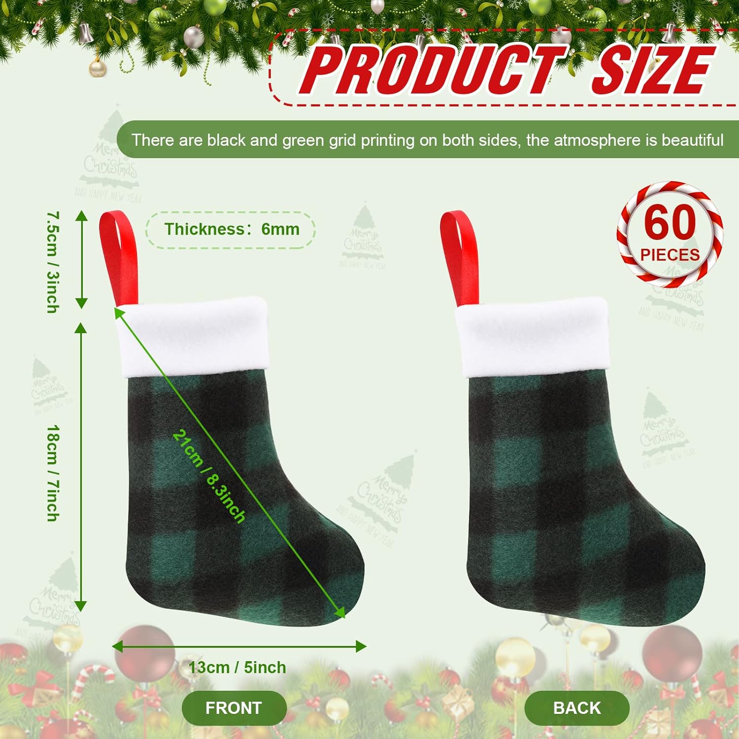 BBTO Plush Cuff Christmas Mini Stockings 7 Inch Buffalo Plaid Hanging Stockings Xmas Candy Holder Tableware Holders(Green and Black,60 Pieces)