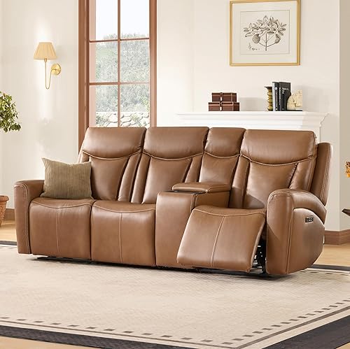 CHITA Sofá reclinable eléctrico de cuero genuino, sofá reclinable de gravedad cero con reposacabezas y consola eléctrica, soporte para tazas,