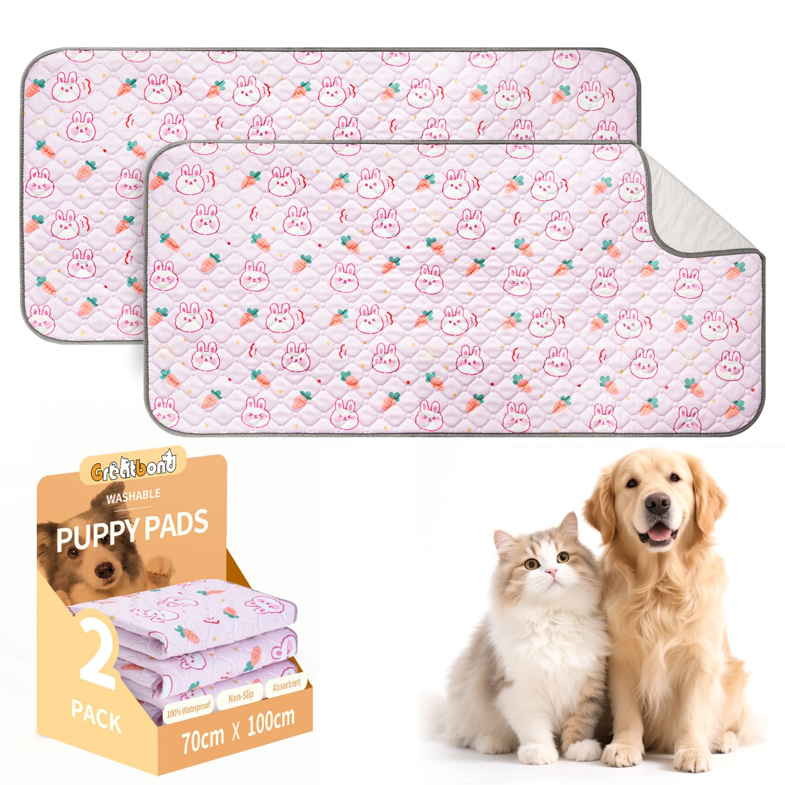 Greatbond Washable Puppy Pads,2 Pack 70x100cm Reusable Pet Training Pads,Super Absorbent Anti-Slip Waterproof Dog Mat for Pee,Fast Drying Potty Training Bed Pads for Playpen, Crate, Floor (Pink)