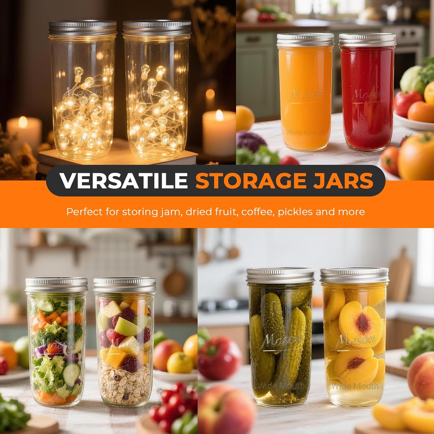 CycleMore 6 Pack Wide Mouth Mason Jars with Airtight Lids and Bands, 24 Oz Canning Glass Jars, Glass Canister for Canning, Fermenting, Pickling, Meal Prep, Overnight Oats, Jam, Jelly - Image 4