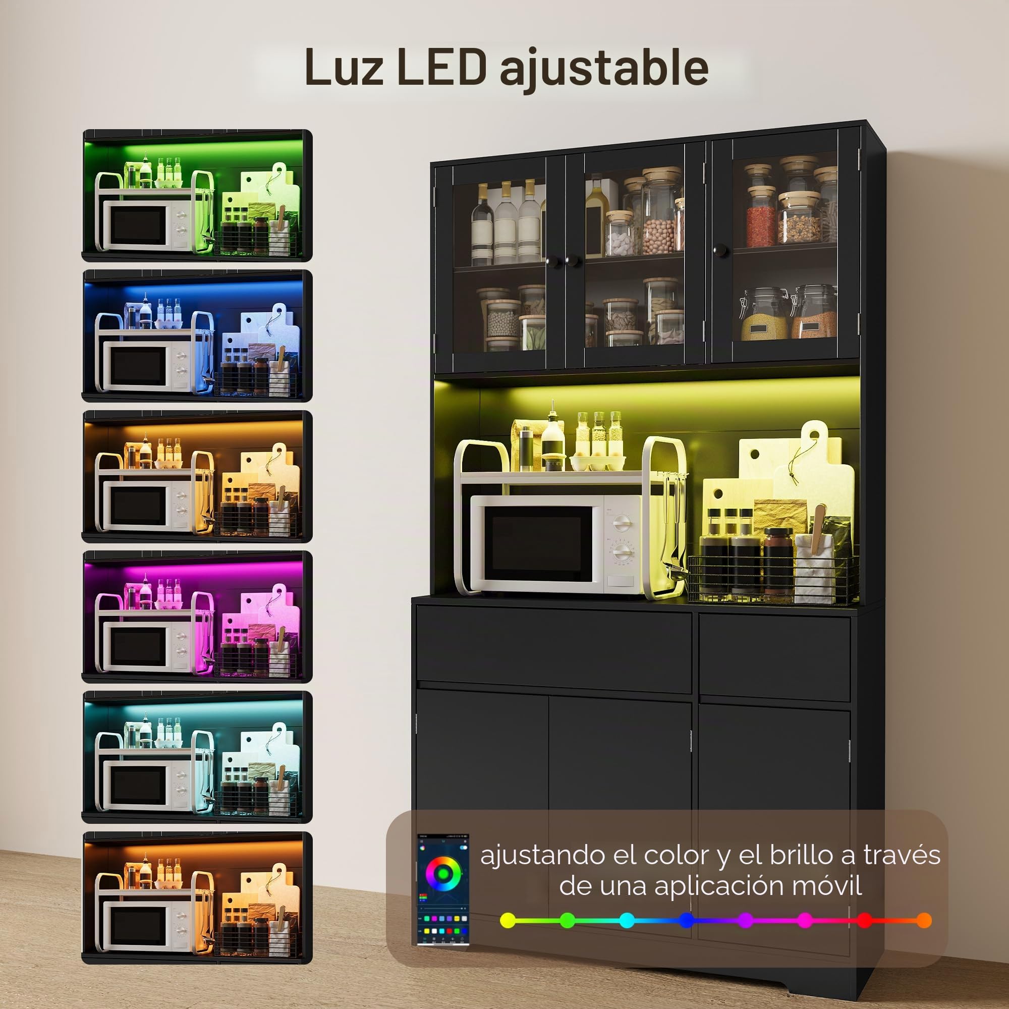 Xbro Armario Cocina Alto con LED y Enchufe, Mueble Auxiliar Cocina con Vitrina 6 Puertas 2 Cajones, Ideal para la Cocina, el Comedor y el salón, 100x38,5x180 cm