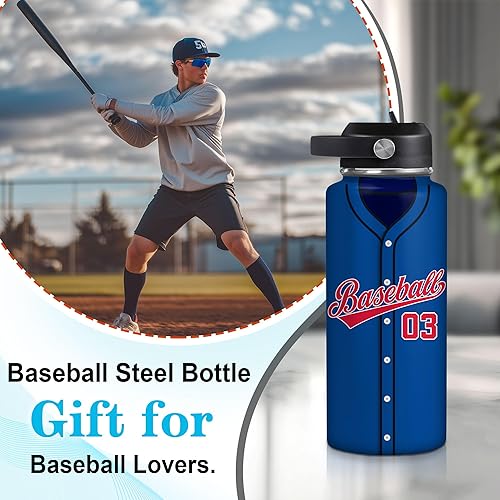 Vista 3 de Hyturtle Botella de agua de béisbol personalizada, botella de acero inoxidable aislada de viaje con tapa a prueba de fugas, 18 onzas, 32 onzas